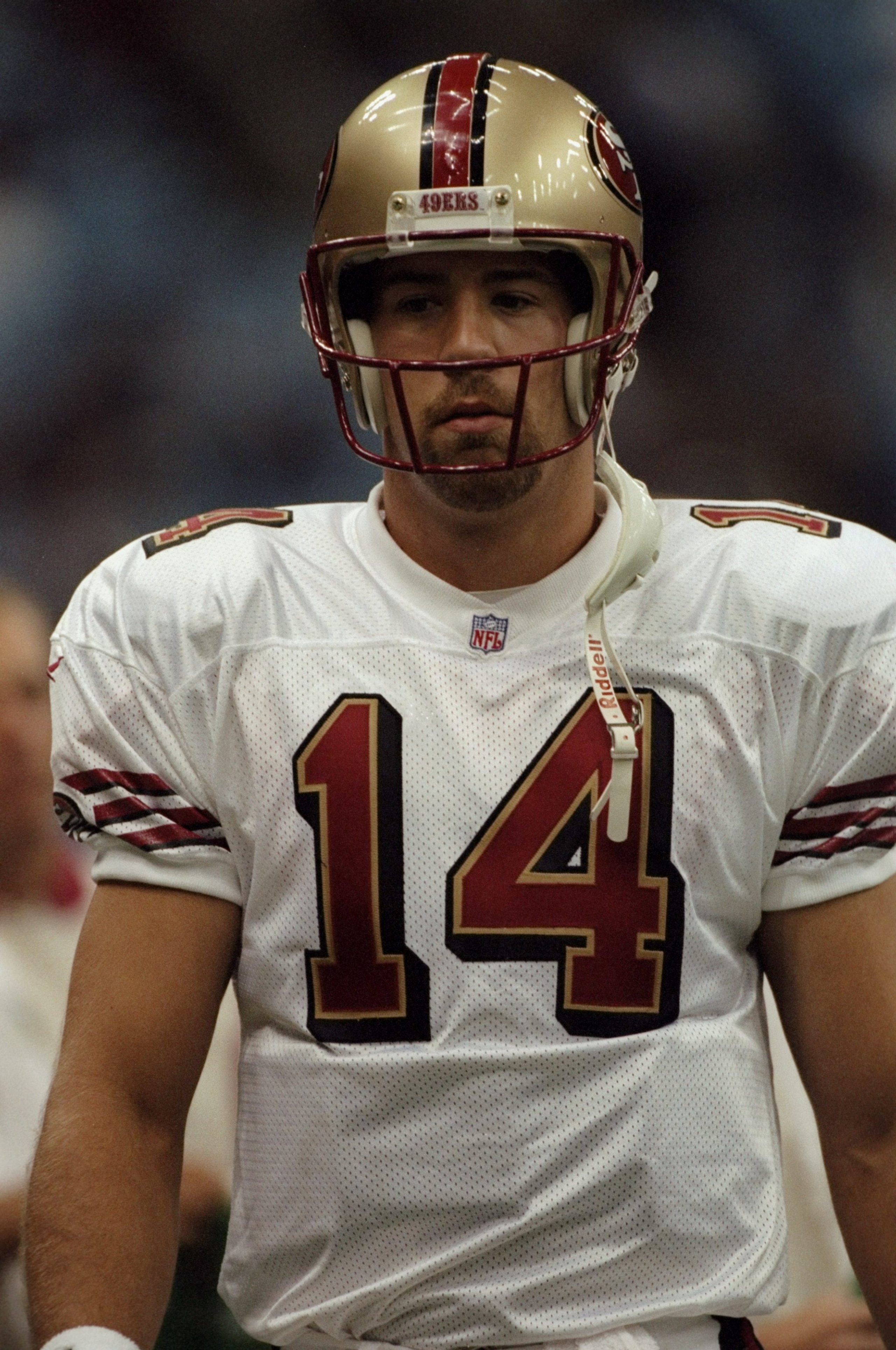 15 Aug 1998:  Quarterback Jim Druckenmiller #14 of the San Francisco 49ers looks on during the American Bowl Game against the Seattle Seahawks at the B. C. Place in Vancouver, B. C., Canada. The 49ers defeated the Seahawks 24-21. Mandatory Credit: Otto Gr