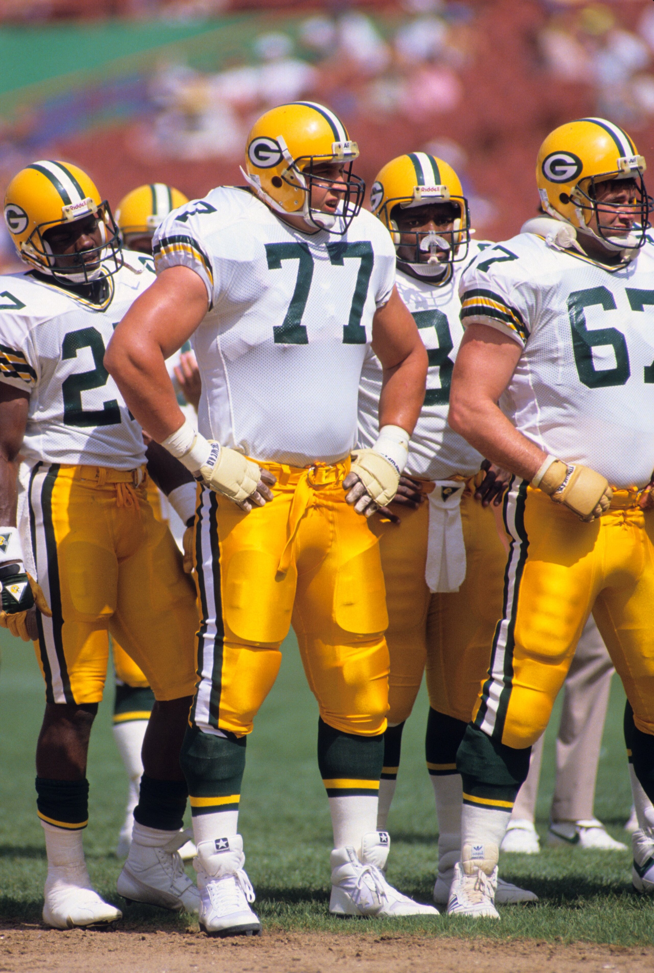 ANAHEIM, CA - SEPTEMBER 24:  Tony Mandarich #77 of the Green Bay Packers lines up on the field during the game against the Los Angeles Rams at Anaheim Stadium on September 24, 1989 in Anaheim, California.  The Rams won 41-38.  (Photo by George Rose/Getty