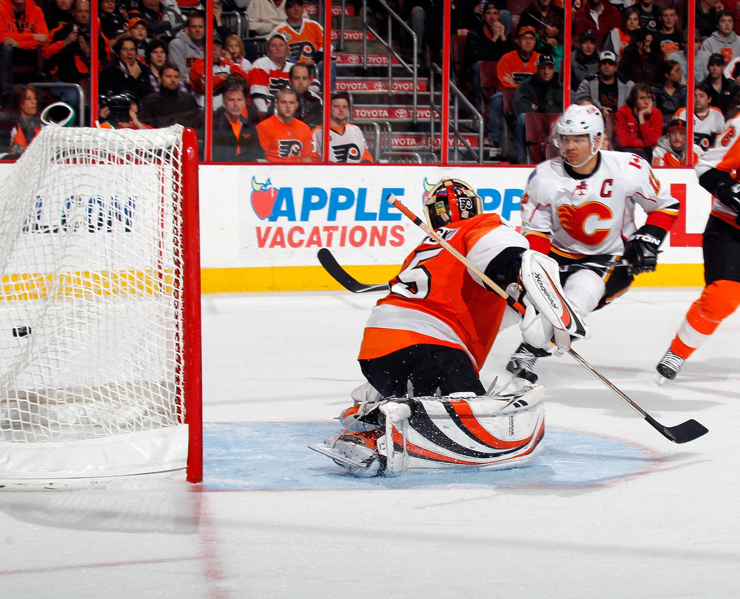 PHILADELPHIA - NOVEMBER 26:  Jarome Iginla #12 of the Calgary Flames watches a teammates goal go in during a hockey game against the Philadelphia Flyers at the Wells Fargo Center on November 26, 2010 in Philadelphia, Pennsylvania.  The Flames won 3-2. (Ph