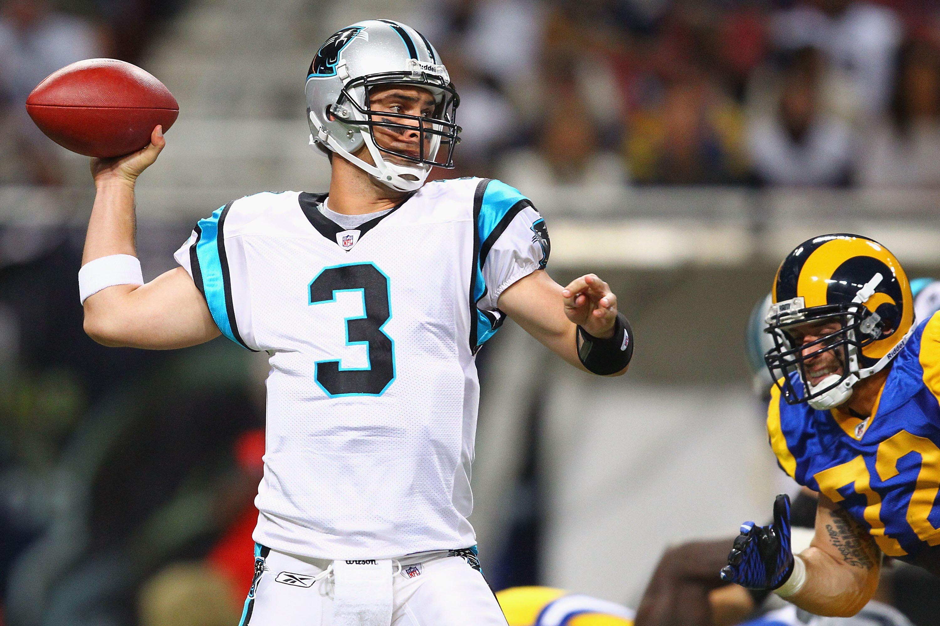 ST. LOUIS - OCTOBER 31: Matt Moore #3 of the Carolina Panthers passes against the St. Louis Rams at the Edward Jones Dome on October 31, 2010 in St. Louis, Missouri. The Rams beat the Panthers 20-10. (Photo by Dilip Vishwanat/Getty Images) ST. LOUIS - OCTOBER 31: Matt Moore #3 of the Carolina Panthers passes against the St. Louis Rams at the Edward Jones Dome on October 31, 2010 in St. Louis, Missouri. The Rams beat the Panthers 20-10. (Photo by Dilip Vishwanat/Getty Images)