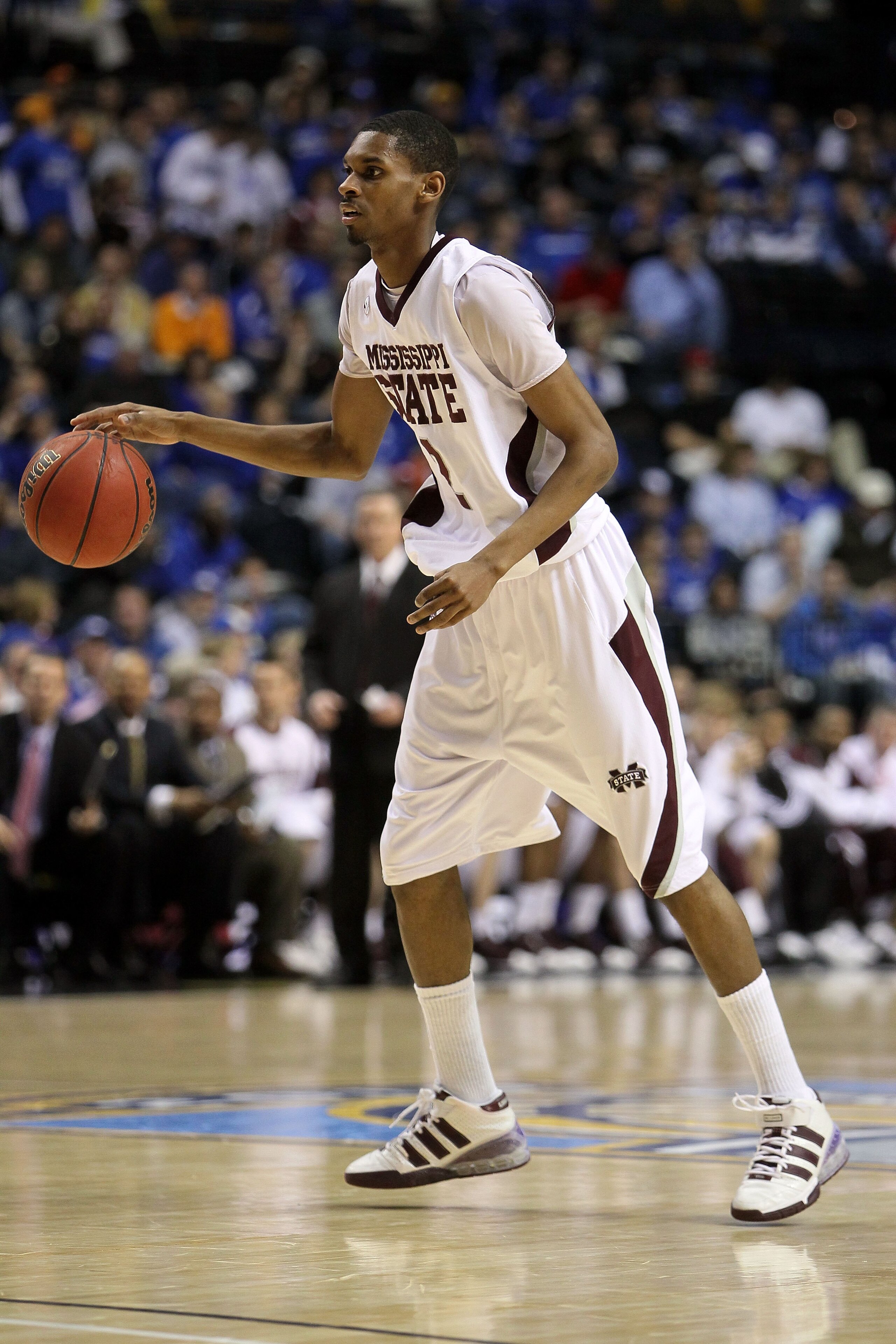 NASHVILLE, TN - MARCH 13:  Ravern Johnson #2 of the Mississippi State Bulldogs runs the offense against the Vanderbilt Commodores during the semifinals of the SEC Men's Basketball Tournament at the Bridgestone Arena on March 13, 2010 in Nashville, Tenness