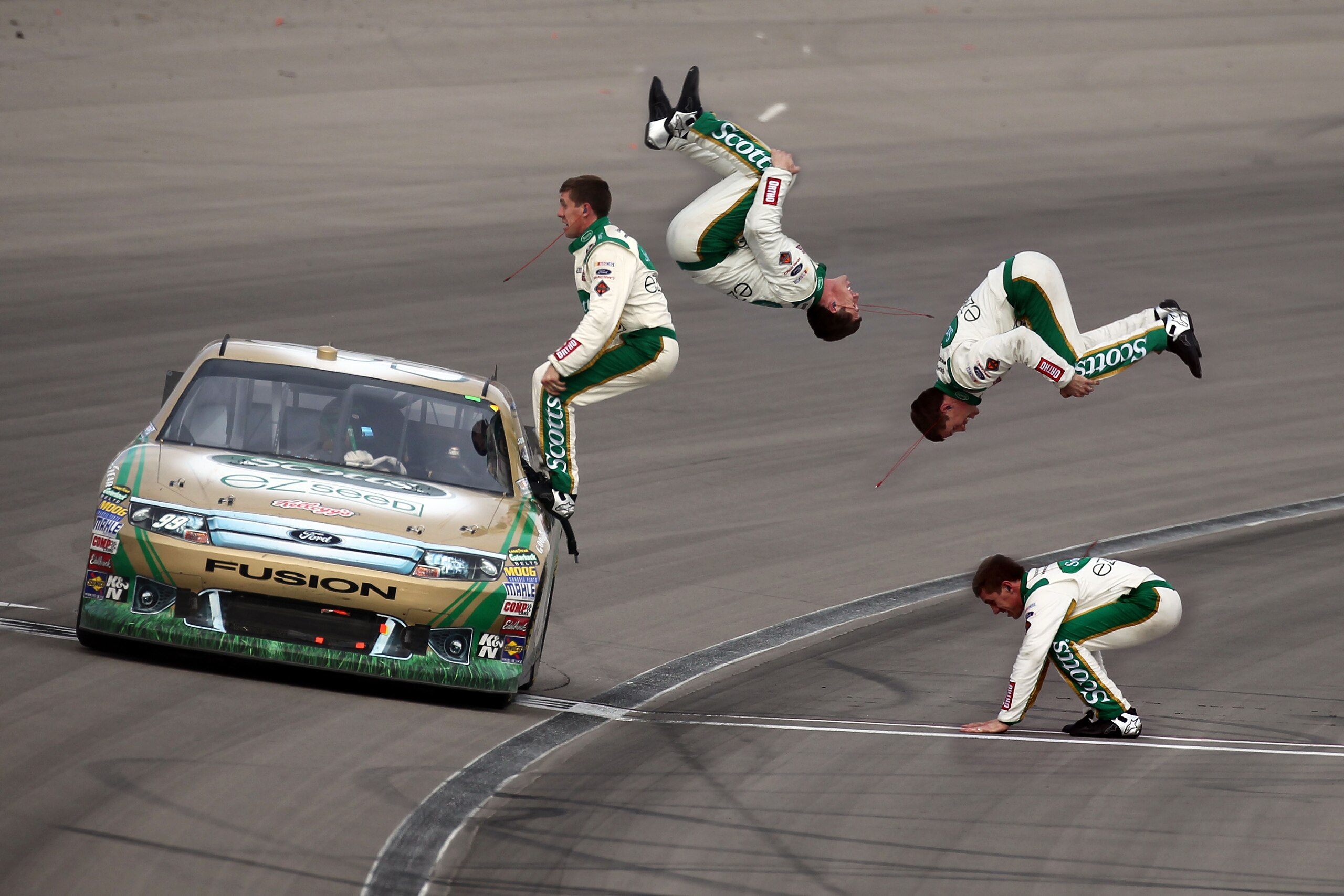 LAS VEGAS, NV - MARCH 06:  (***EDITOR'S NOTE*** COMPOSITE PHOTO ILLUSTRATION CREATED USING MULTIPLE IMAGES) Carl Edwards, driver of the #99 Scotts/Kellogg's Ford, celebrates with a flip from his car after winning the NASCAR Sprint Cup Series Kobalt Tools 