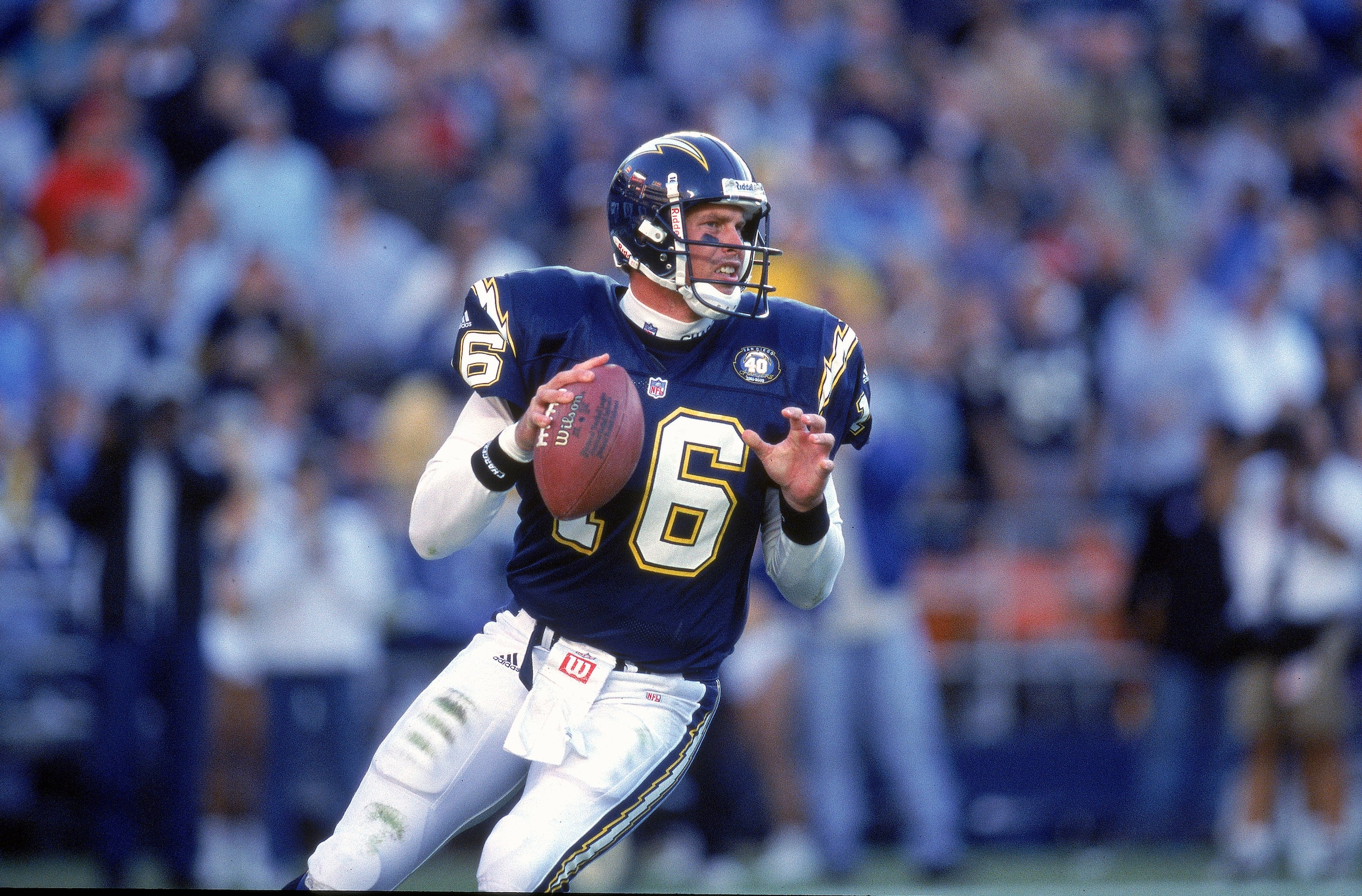 12 Nov 2000:  Quarterback Ryan Leaf #16 of the San Diego Chargers looks to pass the ball during the game against the Miami Dolphins at Qualcomm Stadium in San Diego, California. The Dolphins defeated the Chargers 17-7.Mandatory Credit: Stephen Dunn  /Alls