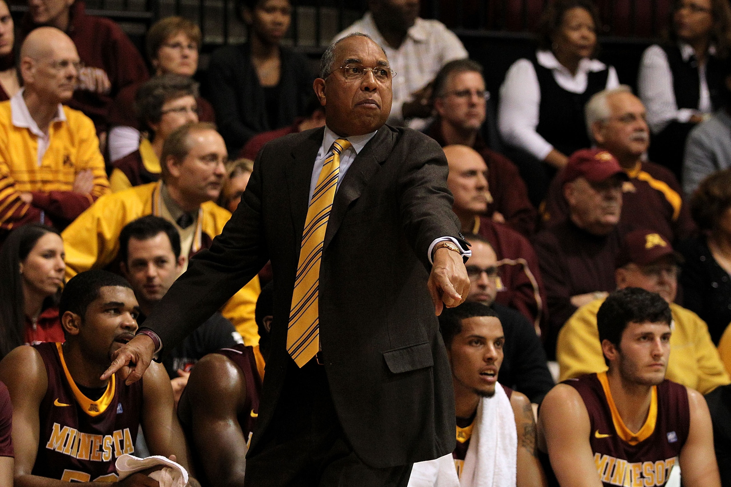 PHILADELPHIA, PA - DECEMBER 08:  Head aoch Tubby Smith of the Minnesota Golden Gophers coaches against the St. Joseph's Hawks at Michael J. Hagan Arena on December 8, 2010 in Philadelphia, Pennsylvania.  (Photo by Chris Chambers/Getty Images)