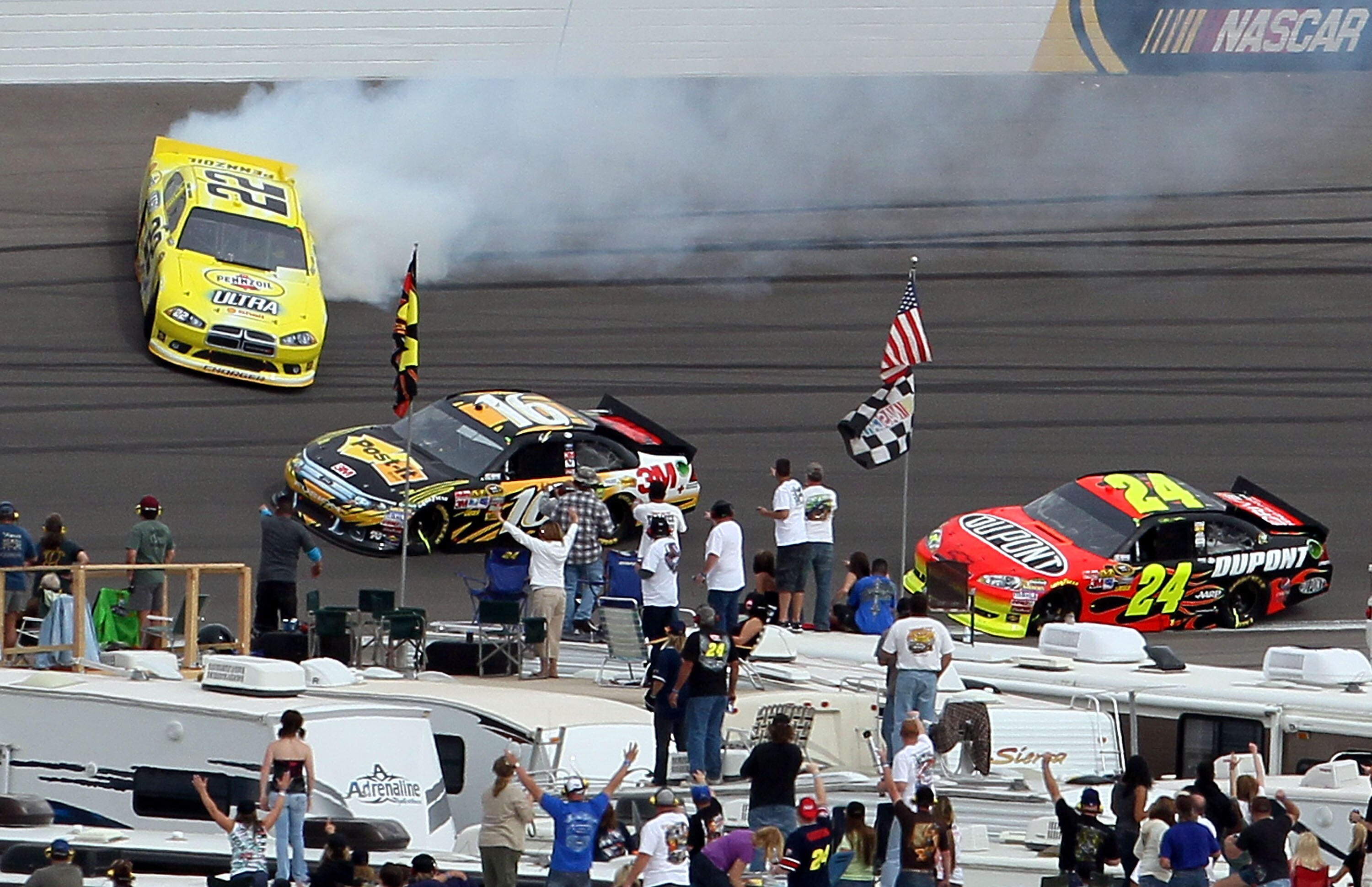LAS VEGAS, NV - MARCH 06: Kurt Busch driver of the #22 Shell/ Pennzoil Ultra Dodge is involved in a crash during the NASCAR Sprint Cup Series Kobalt Tools 400 at Las Vegas Motor Speedway on March 6, 2011 in Las Vegas, Nevada.  (Photo by Jeff Gross/Getty I