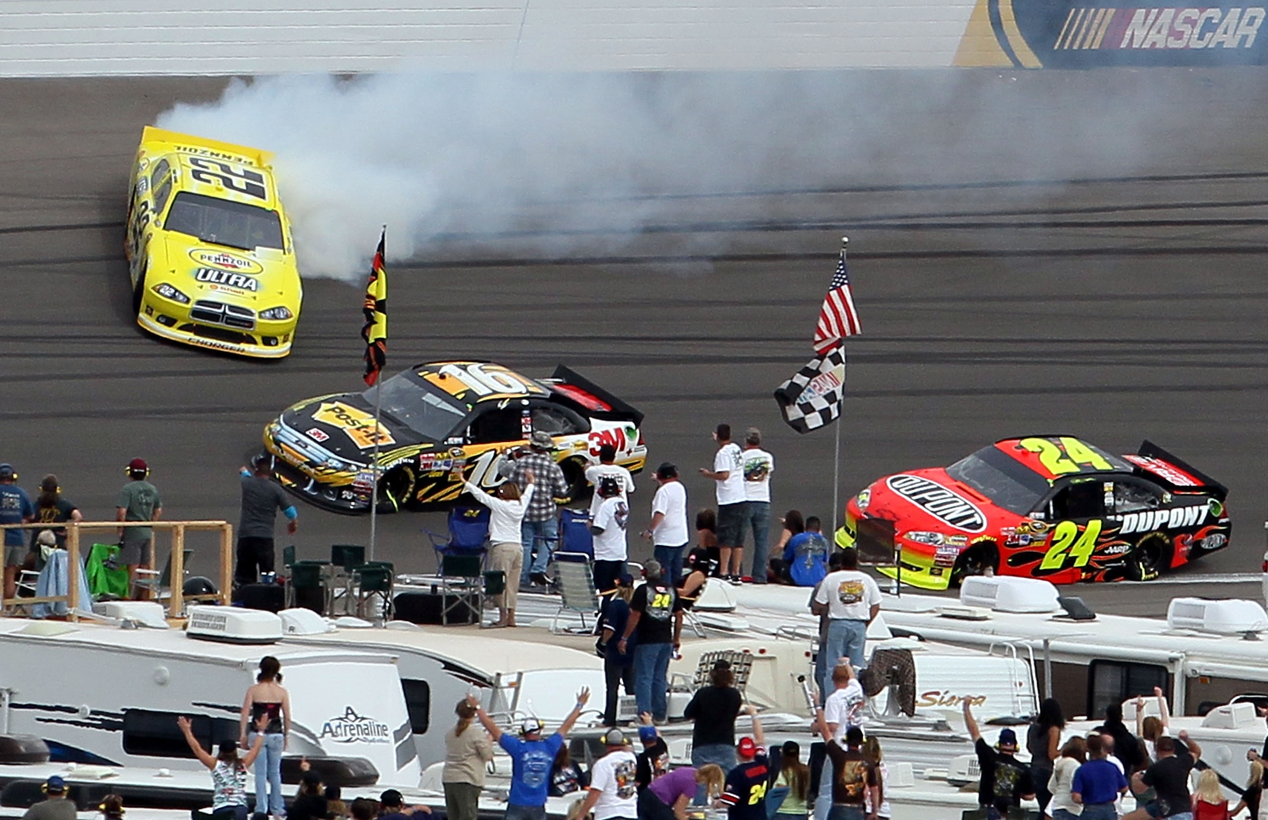 LAS VEGAS, NV - MARCH 06: Kurt Busch driver of the #22 Shell/ Pennzoil Ultra Dodge is involved in a crash during the NASCAR Sprint Cup Series Kobalt Tools 400 at Las Vegas Motor Speedway on March 6, 2011 in Las Vegas, Nevada.  (Photo by Jeff Gross/Getty I