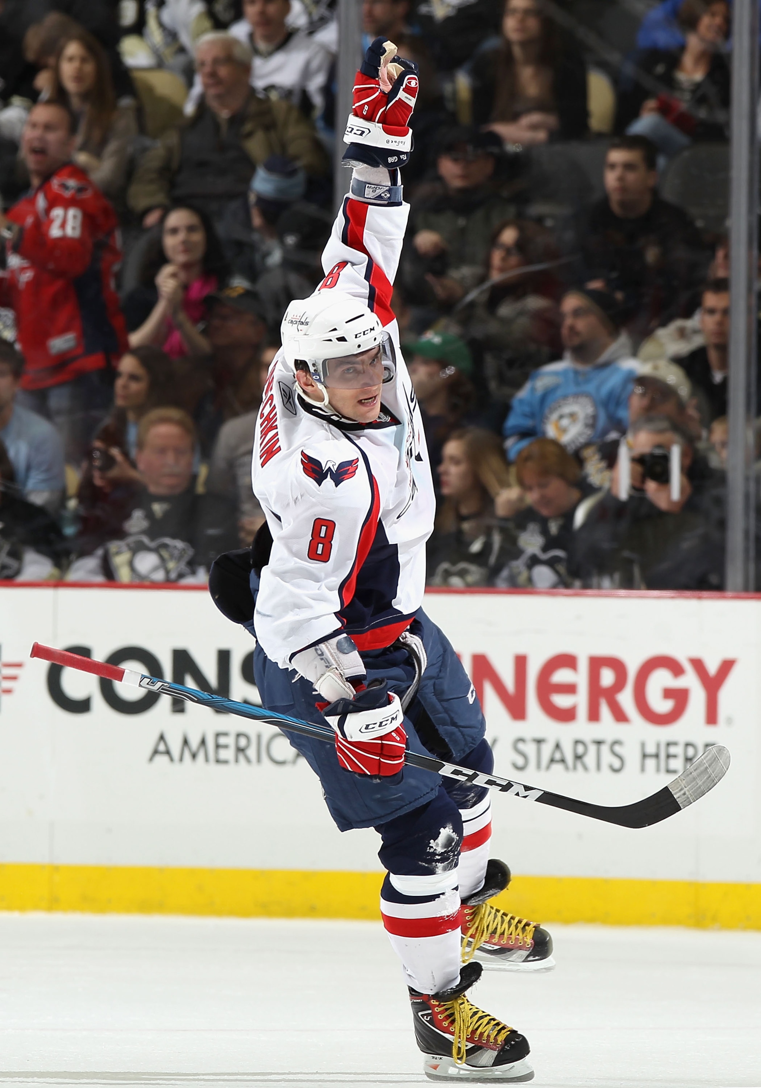 PITTSBURGH, PA - FEBRUARY 21:  Alex Ovechkin #8 of the Washington Capitals celebrates after scoring a second period power play goal against the Pittsburgh Penguins during the NHL game at Consol Energy Center on February 21, 2011 in Pittsburgh, Pennsylvani