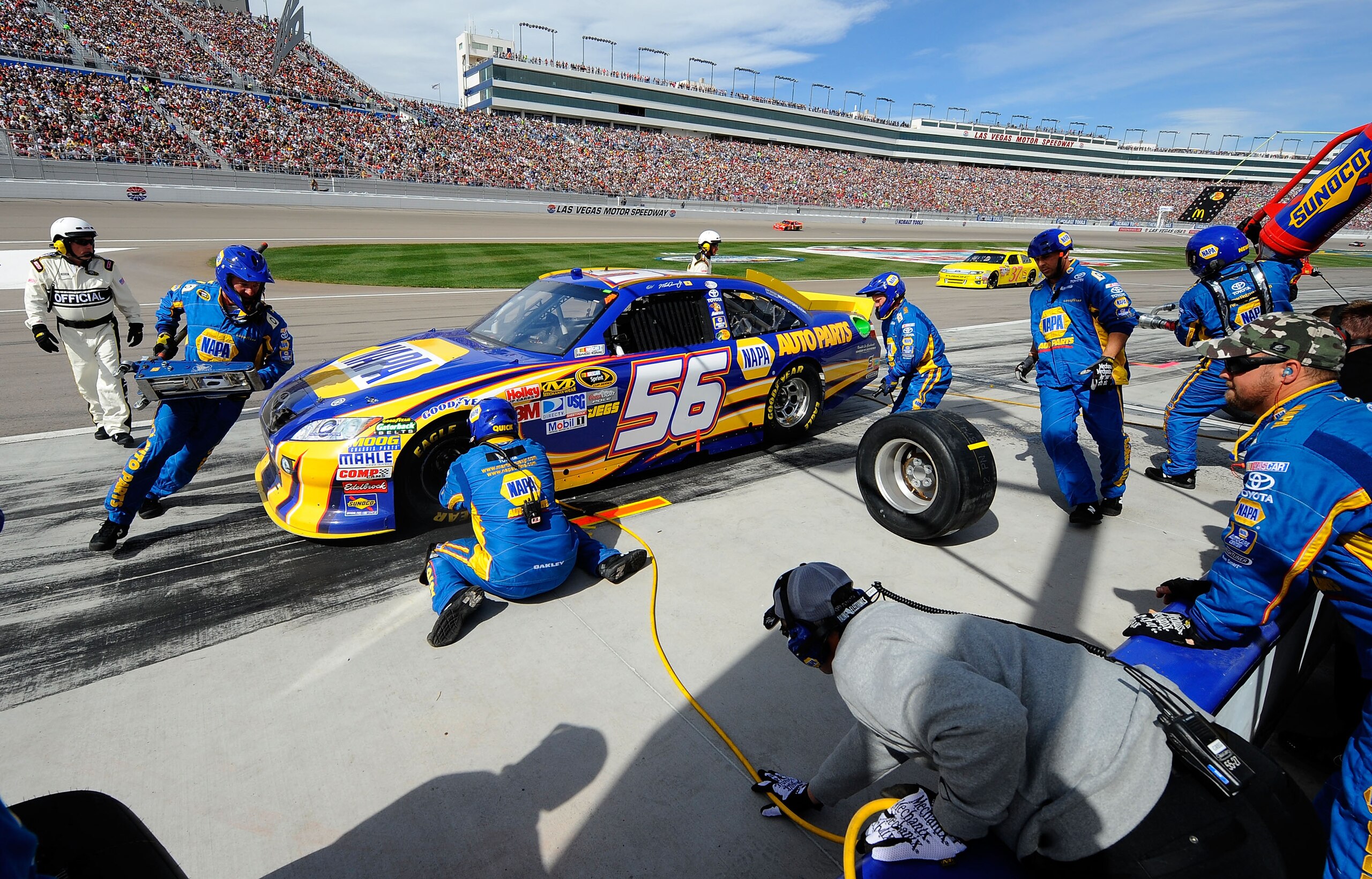 LAS VEGAS, NV - MARCH 06:  Martin Truex Jr., driver of the #56 NAPA Auto Parts Toyota, pits during the NASCAR Sprint Cup Series Kobalt Tools 400 at Las Vegas Motor Speedway on March 6, 2011 in Las Vegas, Nevada.  (Photo by Jared C. Tilton/Getty Images for