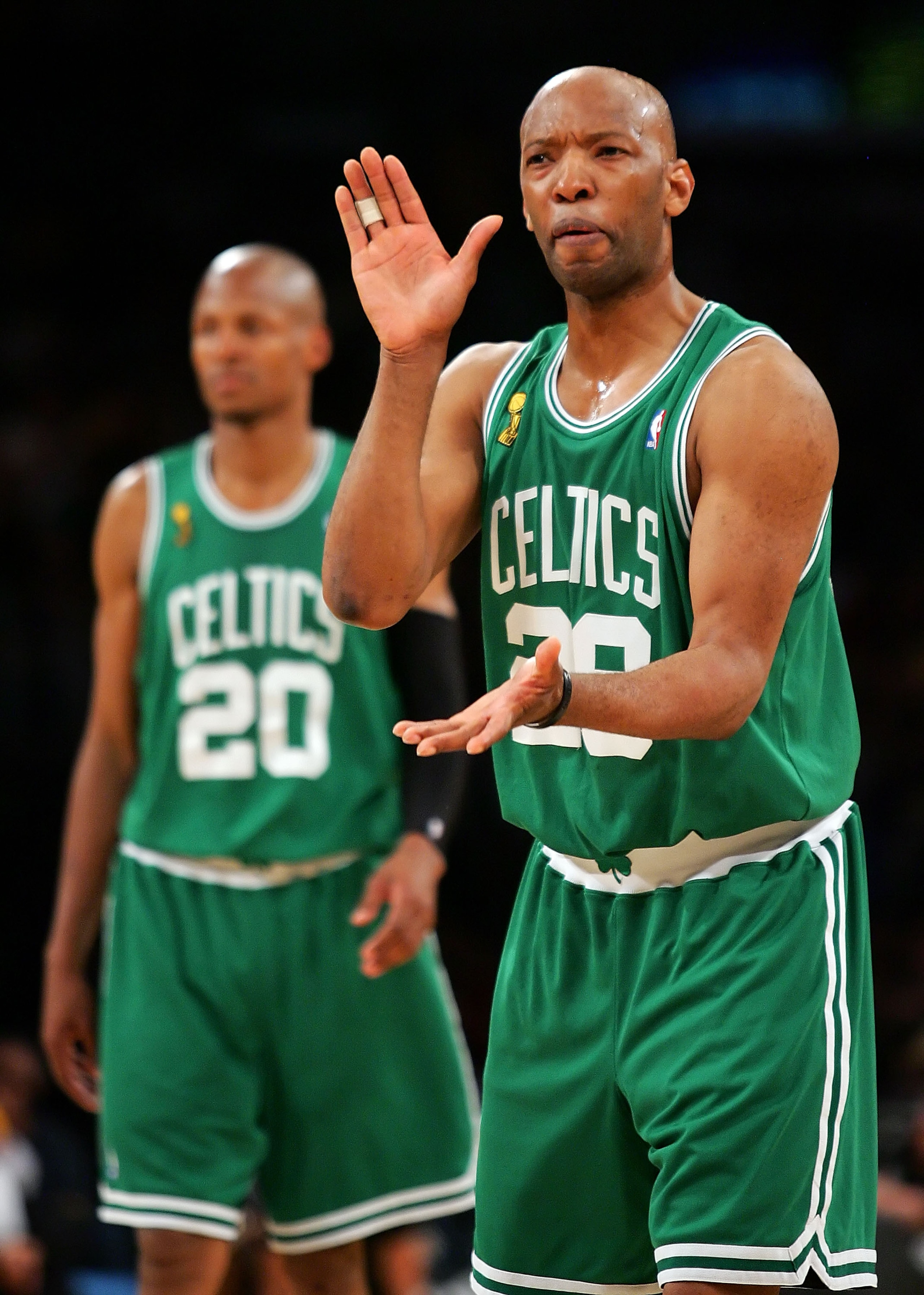 LOS ANGELES, CA - JUNE 15:  Sam Cassell #28 of the Boston Celtics reacts as he stands in front of teammate Ray Allen #20 while taking on the Los Angeles Lakers in Game Five of the 2008 NBA Finals on June 15, 2008 at Staples Center in Los Angeles, Californ
