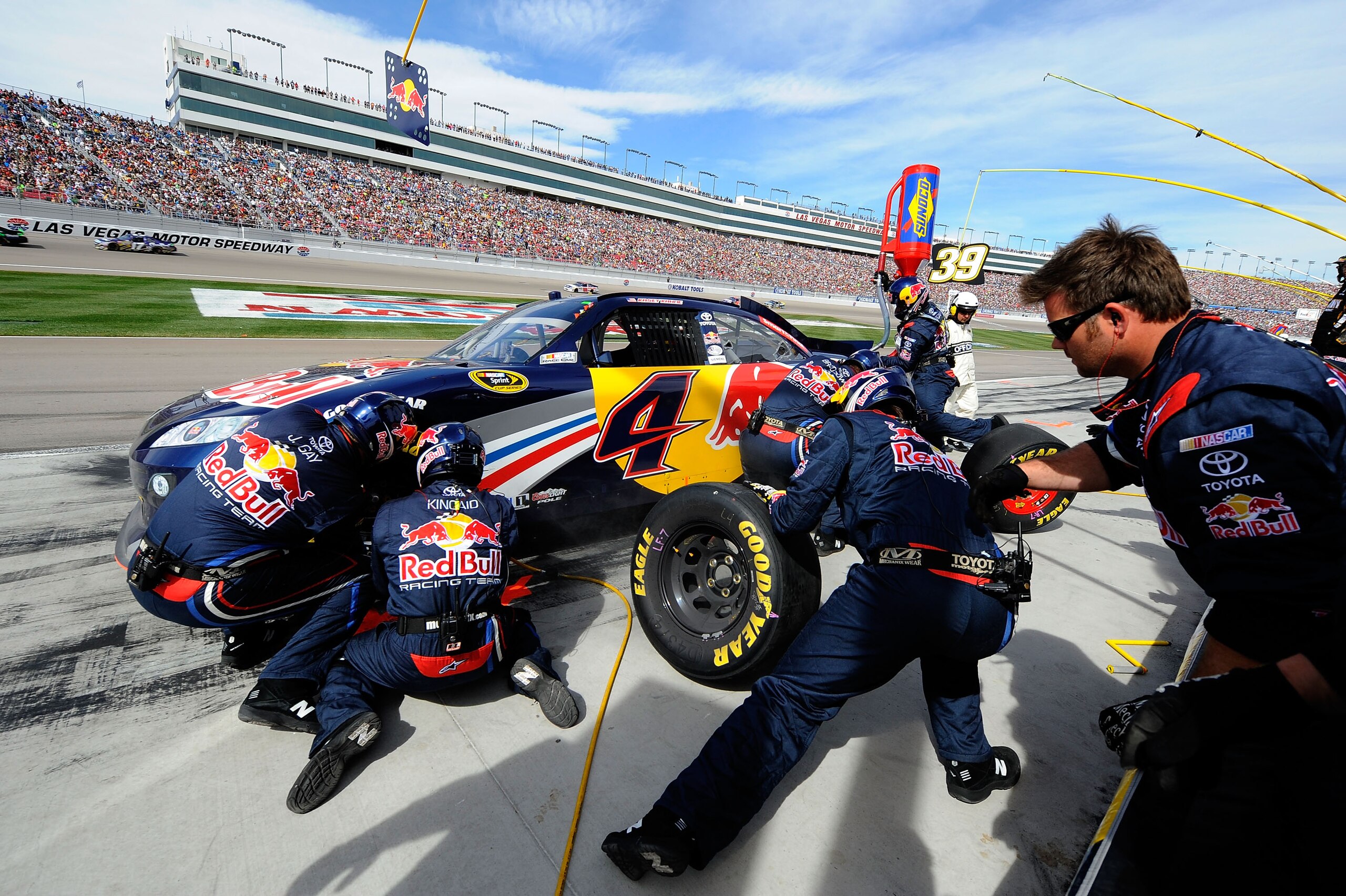 LAS VEGAS, NV - MARCH 06:  Kasey Kahne, driver of the #4 Red Bull Toyota, pits during the NASCAR Sprint Cup Series Kobalt Tools 400 at Las Vegas Motor Speedway on March 6, 2011 in Las Vegas, Nevada.  (Photo by Jared C. Tilton/Getty Images for NASCAR)