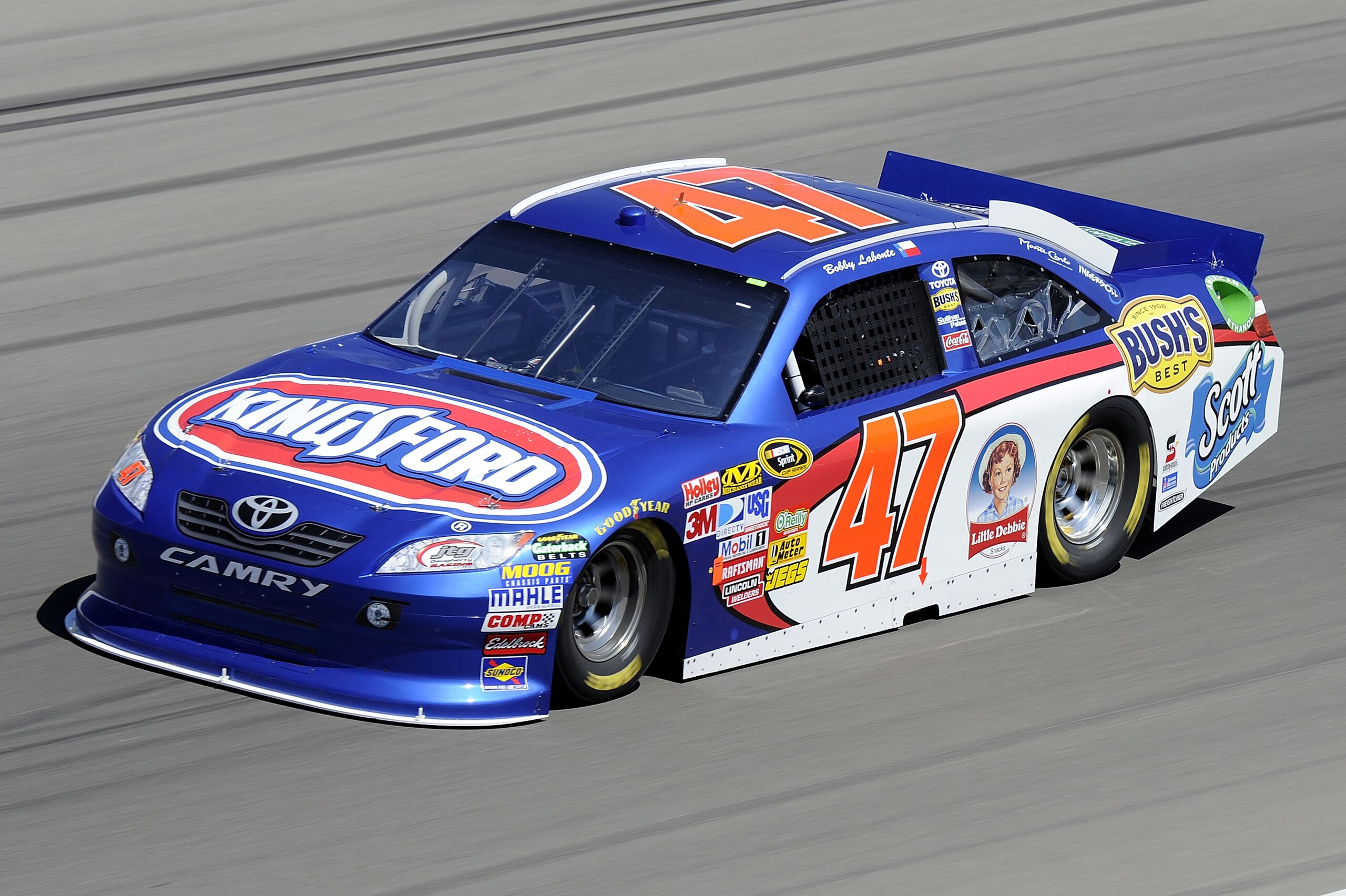 LAS VEGAS, NV - MARCH 04:  Bobby Labonte drives the #47 Kingsford Toyota during practice for the NASCAR Sprint Cup Series Kobalt Tools 400 at Las Vegas Motor Speedway on March 4, 2011 in Las Vegas, Nevada.  (Photo by John Harrelson/Getty Images for NASCAR