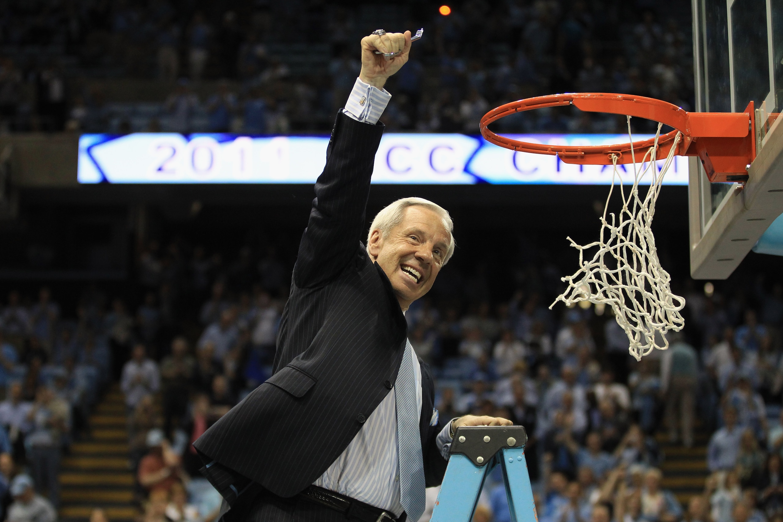 CHAPEL HILL, NC - MARCH 05:  Head coach Roy Williams of the North Carolina Tar Heels celebrates winning the ACC Regular Season Championship as they defeated the Duke Blue Devils 81-67 at the Dean E. Smith Center on March 5, 2011 in Chapel Hill, North Caro