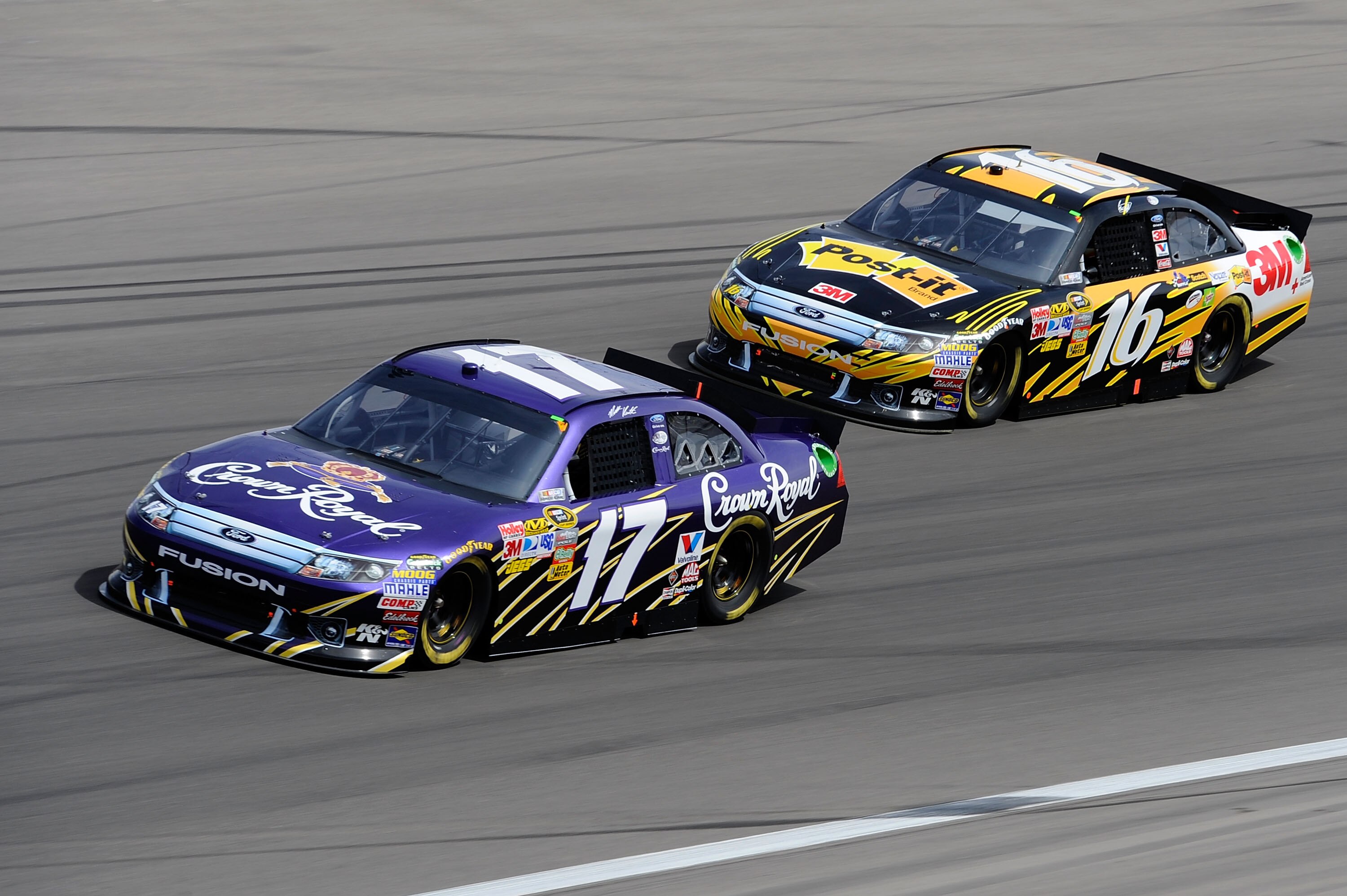LAS VEGAS, NV - MARCH 06:  Matt Kenseth, driver of the #17 Crown Royal Ford, leads Greg Biffle, driver of the #16 3M Post-it Ford, during the NASCAR Sprint Cup Series Kobalt Tools 400 at Las Vegas Motor Speedway on March 6, 2011 in Las Vegas, Nevada.  (Ph