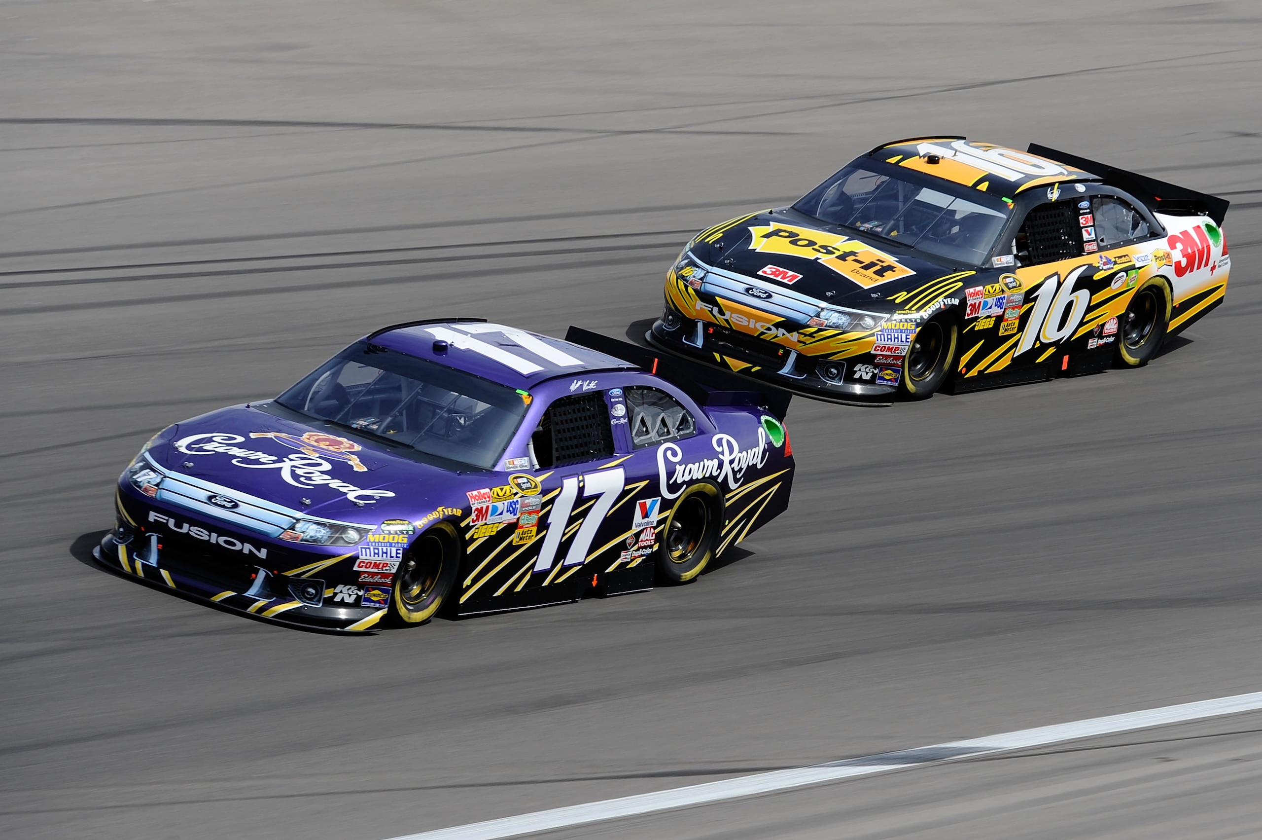 LAS VEGAS, NV - MARCH 06:  Matt Kenseth, driver of the #17 Crown Royal Ford, leads Greg Biffle, driver of the #16 3M Post-it Ford, during the NASCAR Sprint Cup Series Kobalt Tools 400 at Las Vegas Motor Speedway on March 6, 2011 in Las Vegas, Nevada.  (Ph