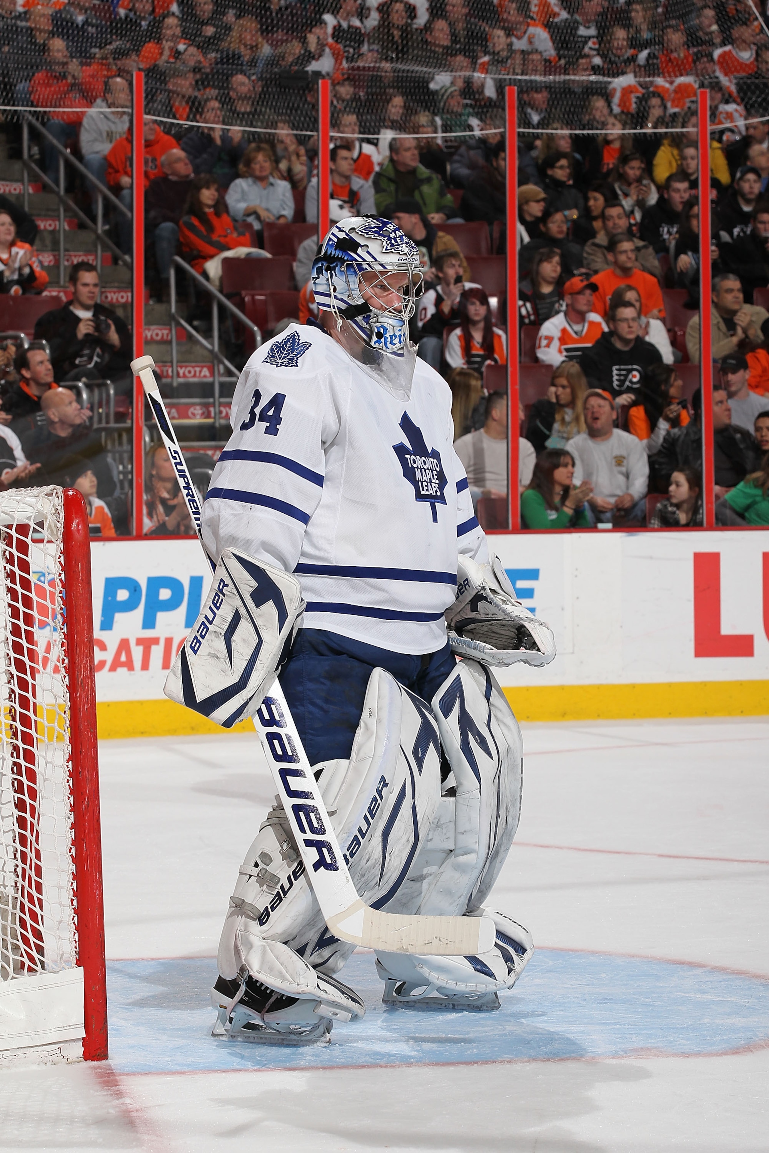 PHILADELPHIA - MARCH 03:  James Reimer #34 of the Toronto Maple Leafs in action against oThe Philadelphia Flyers during their game on March 3, 2011 at The Wells Fargo Center in Philadelphia, Pennsylvania.  (Photo by Al Bello/Getty Images)