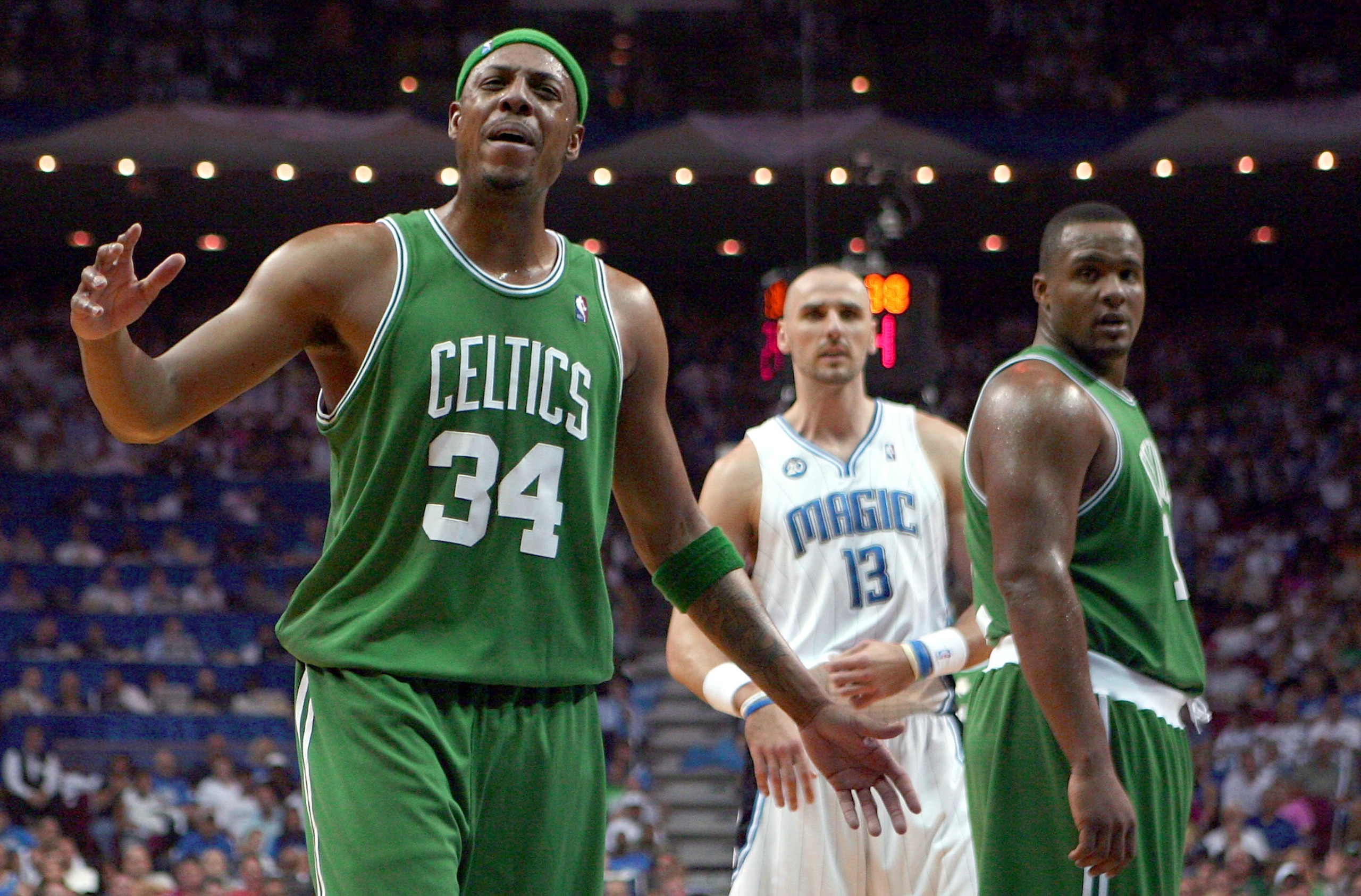 ORLANDO, FL - MAY 10:  Paul Pierce #34 of the Boston Celtics complains to the ref while playing against the Orlando Magic in Game Four of the Eastern Conference Semifinals during the 2009 NBA Playoffs at Amway Arena on May 10, 2009 in Orlando, Florida. NO