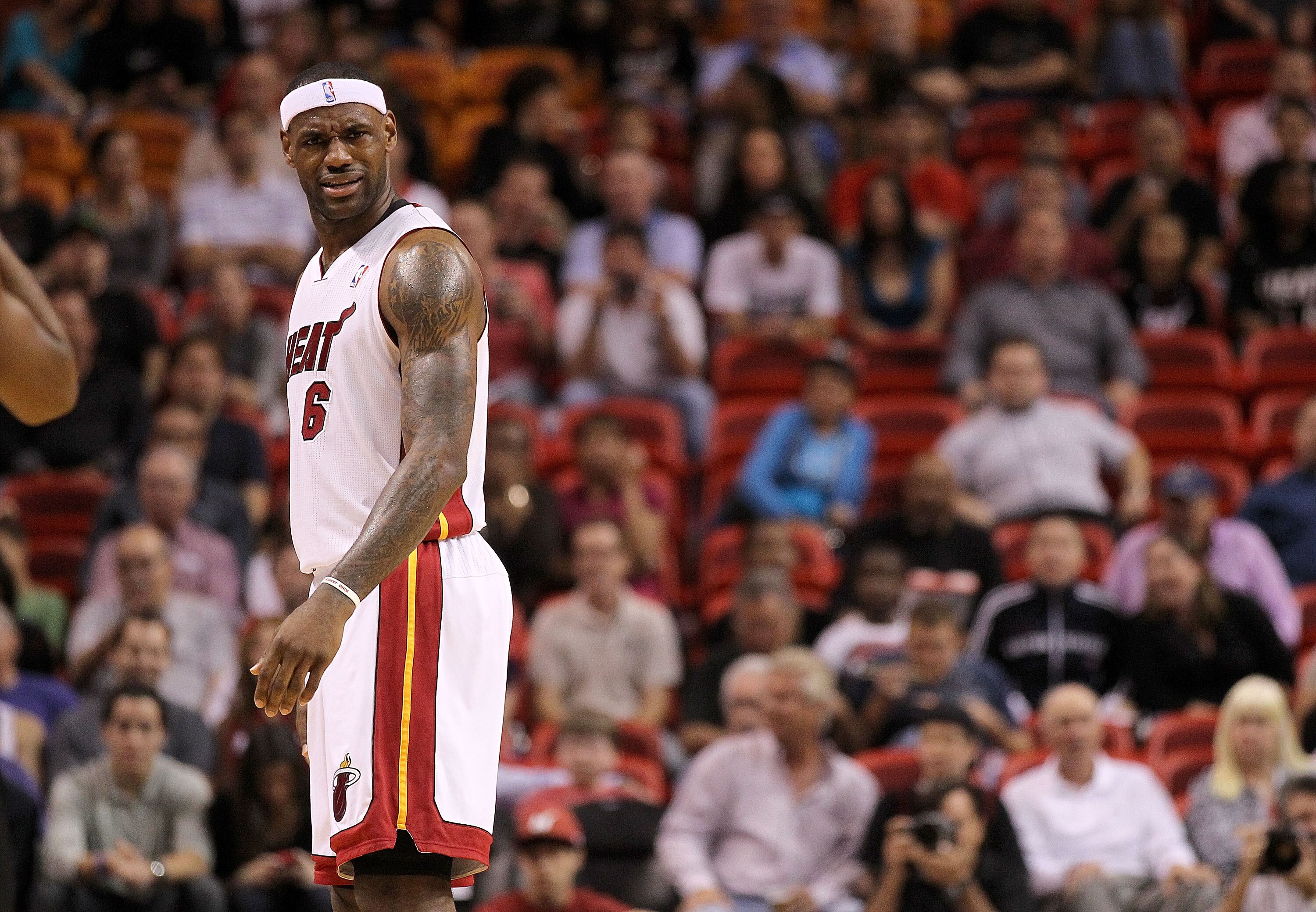 MIAMI, FL - FEBRUARY 25:  LeBron James #6 of the Miami Heat argues a call during a game against the Washington Wizards at American Airlines Arena on February 25, 2011 in Miami, Florida. NOTE TO USER: User expressly acknowledges and agrees that, by downloa