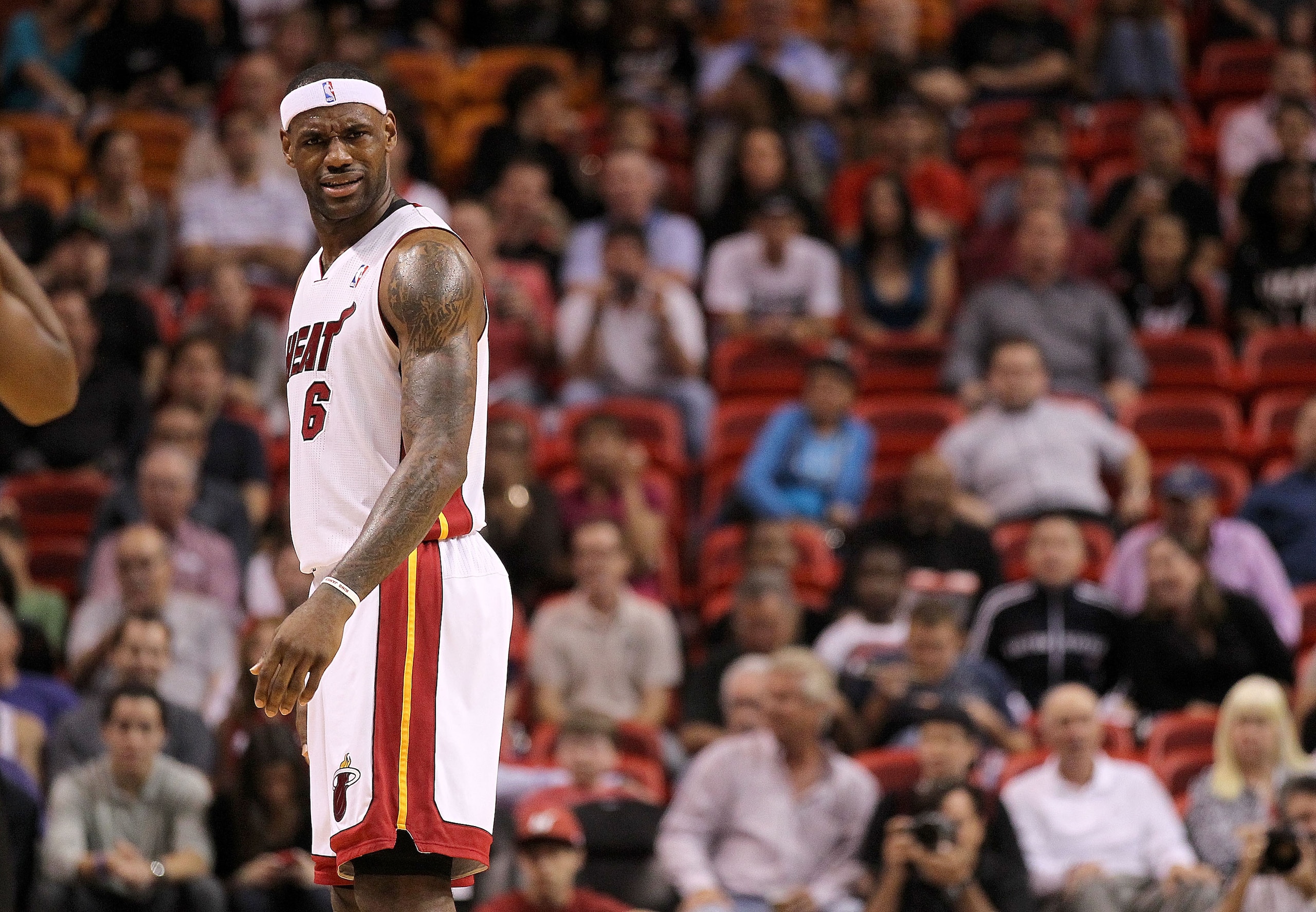 MIAMI, FL - FEBRUARY 25:  LeBron James #6 of the Miami Heat argues a call during a game against the Washington Wizards at American Airlines Arena on February 25, 2011 in Miami, Florida. NOTE TO USER: User expressly acknowledges and agrees that, by downloa