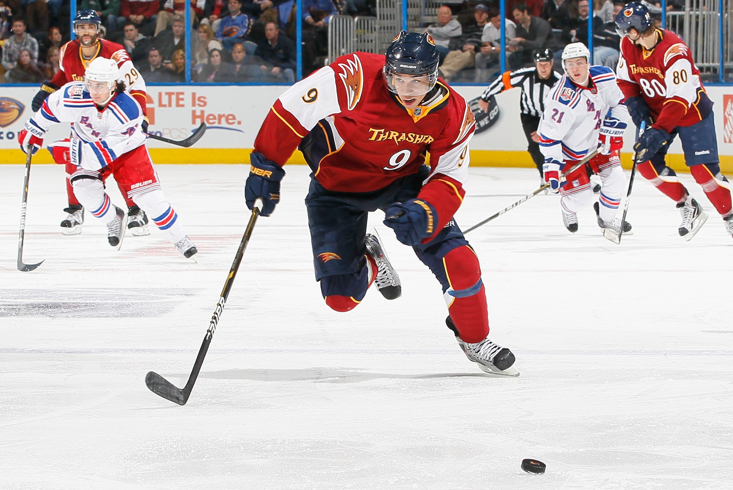 ATLANTA, GA - FEBRUARY 11:  Evander Kane #9 of the Atlanta Thrashers skates up the ice in a breakaway against the New York Rangers at Philips Arena on February 11, 2011 in Atlanta, Georgia.  (Photo by Kevin C. Cox/Getty Images)