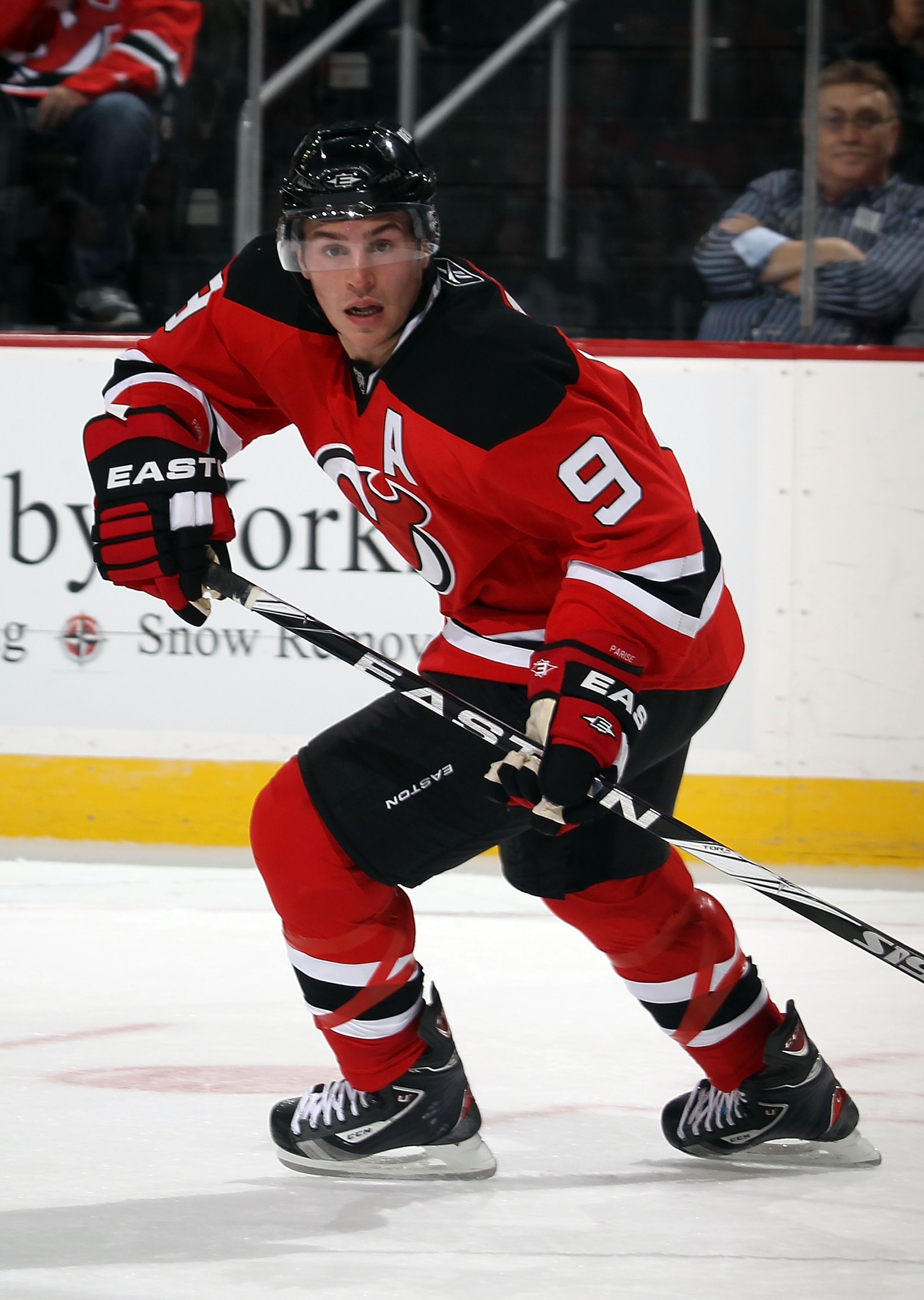 NEWARK, NJ - OCTOBER 08:  Zach Parise #9 of the New Jersey Devils skates against the Dallas Stars at the Prudential Center on October 8, 2010 in Newark, New Jersey.  (Photo by Bruce Bennett/Getty Images)