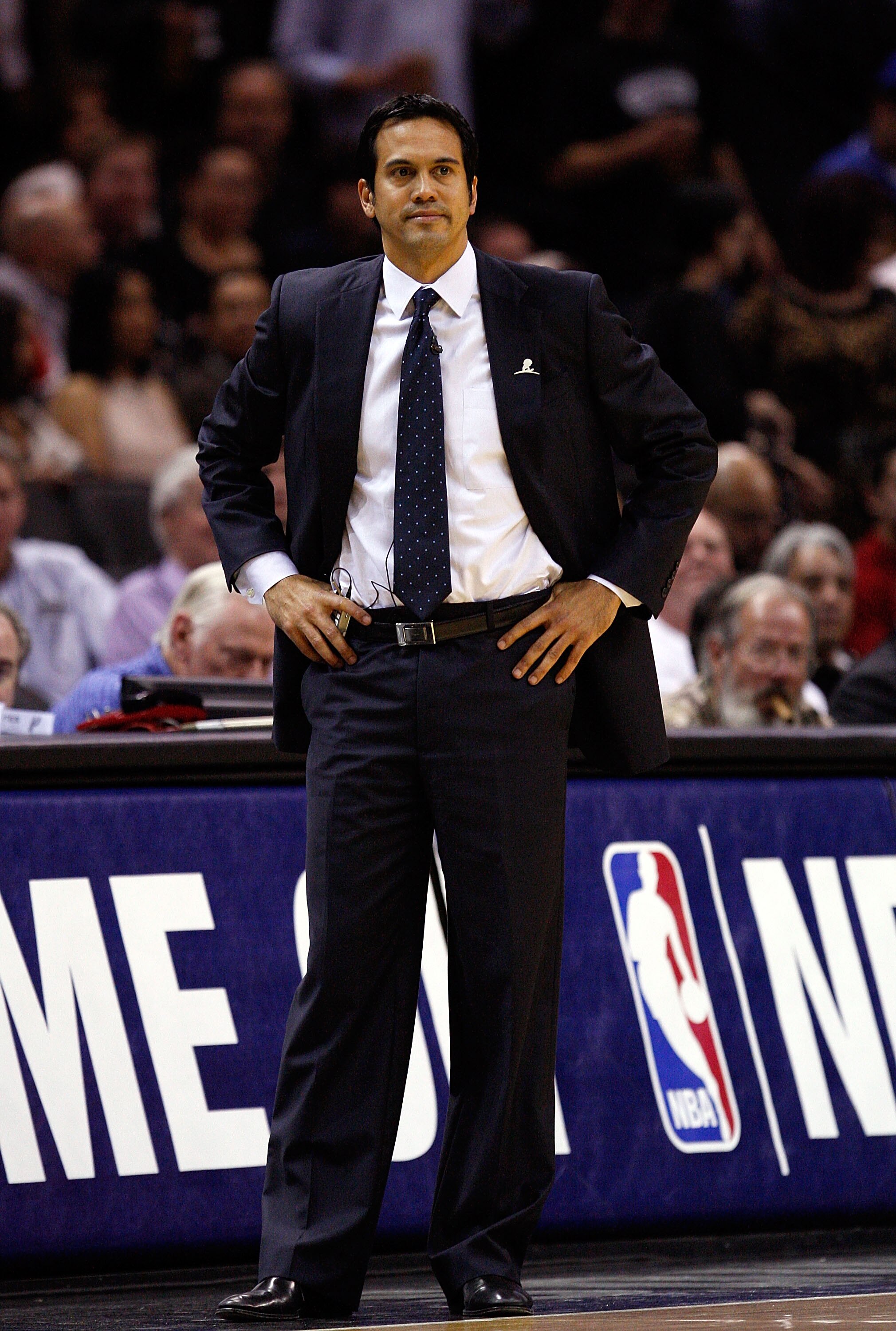 SAN ANTONIO, TX - MARCH 04: Head coach Erik Spoelstra of the Miami Heat at AT&T Center on March 4, 2011 in San Antonio, Texas. NOTE TO USER: User expressly acknowledges and agrees that, by downloading and or using this photograph, User is consenting to SAN ANTONIO, TX - MARCH 04: Head coach Erik Spoelstra of the Miami Heat at AT&T Center on March 4, 2011 in San Antonio, Texas. NOTE TO USER: User expressly acknowledges and agrees that, by downloading and or using this photograph, User is consenting to
