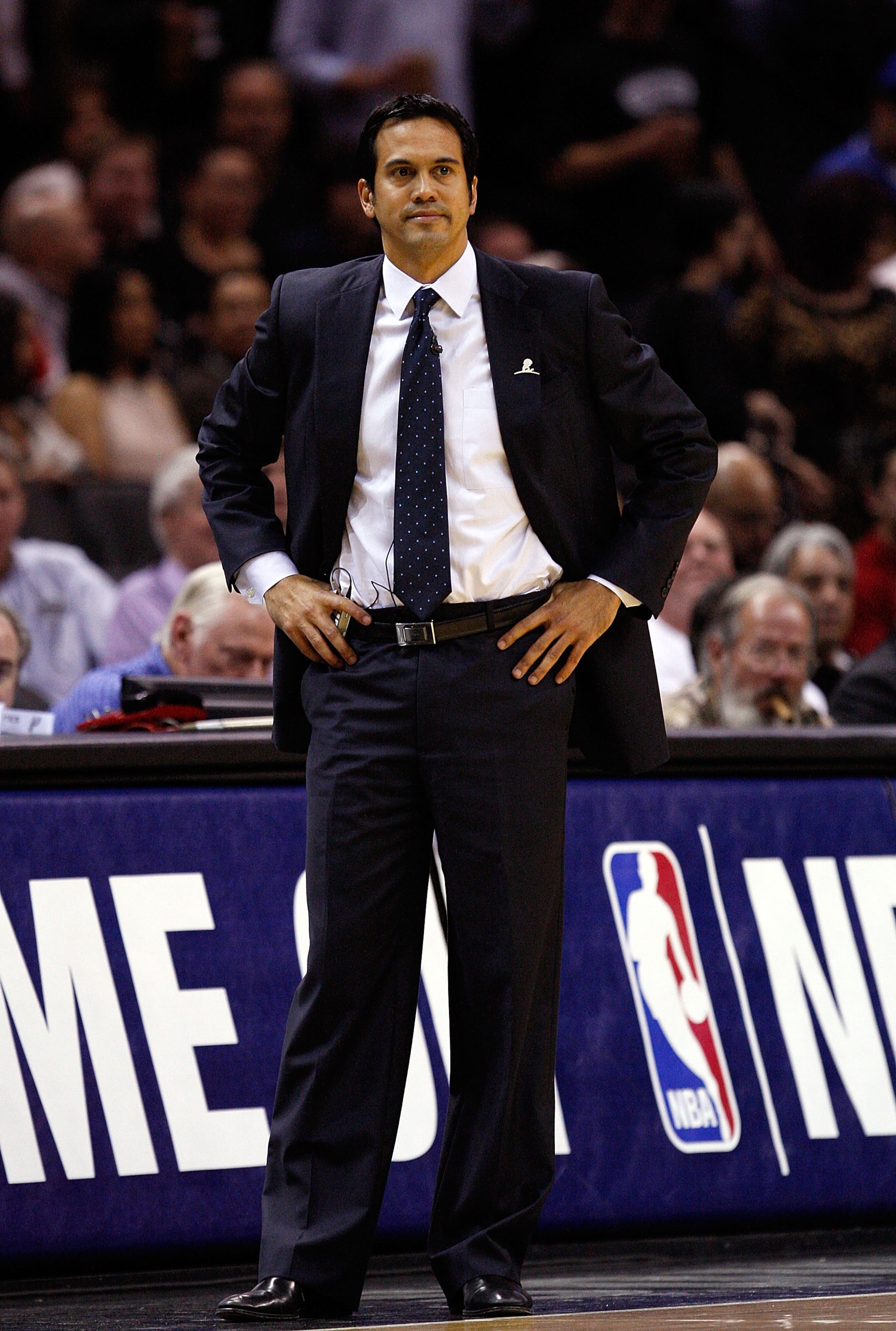 SAN ANTONIO, TX - MARCH 04:  Head coach Erik Spoelstra of the Miami Heat at AT&T Center on March 4, 2011 in San Antonio, Texas.   NOTE TO USER: User expressly acknowledges and agrees that, by downloading and or using this photograph, User is consenting to