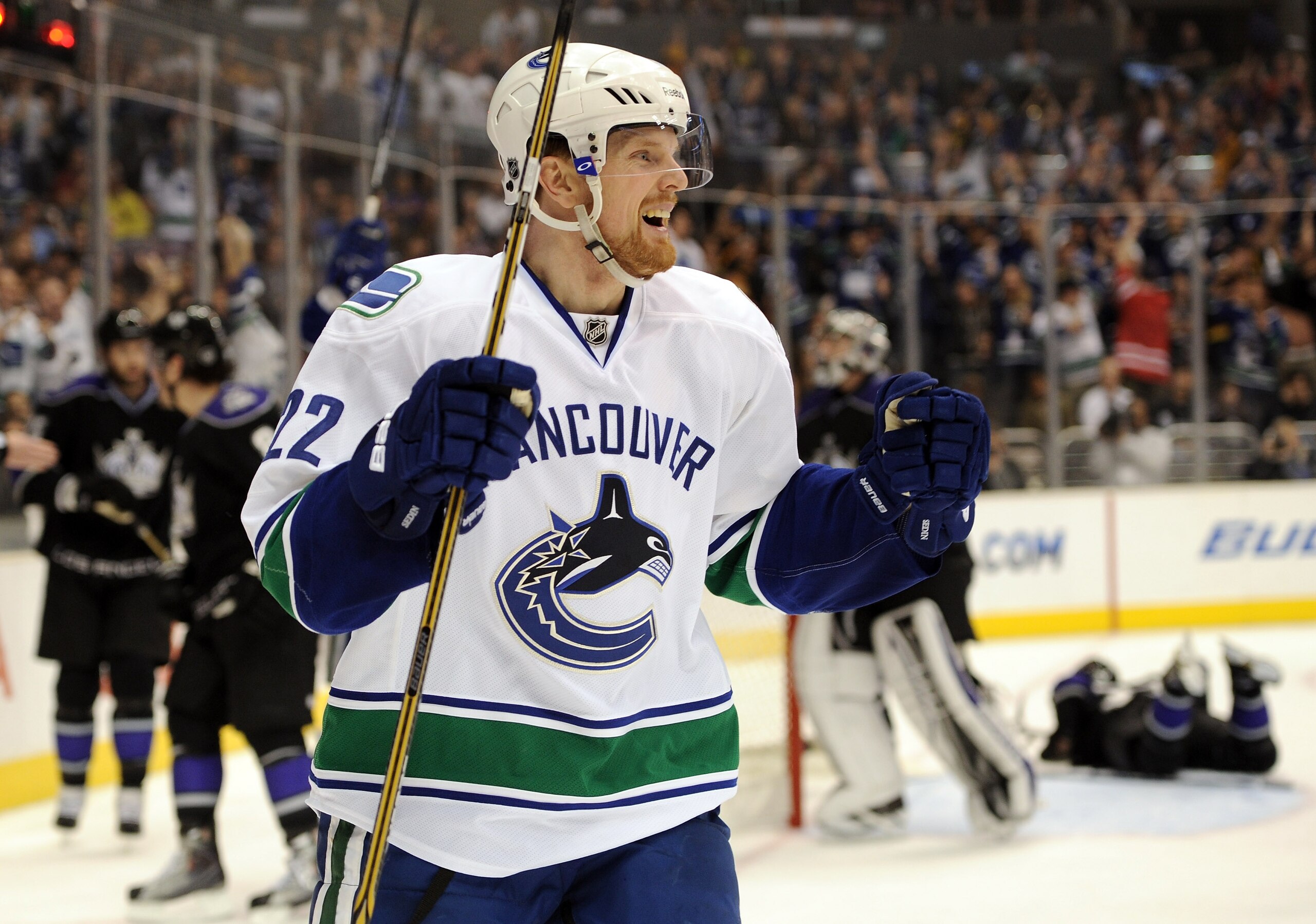 LOS ANGELES, CA - MARCH 05:  Daniel Sedin #22 of the Vancouver Canucks celebrates his goal to take a 2-1 lead over the Los Angeles Kings during the third period at the Staples Center on March 5, 2011 in Los Angeles, California.  (Photo by Harry How/Getty