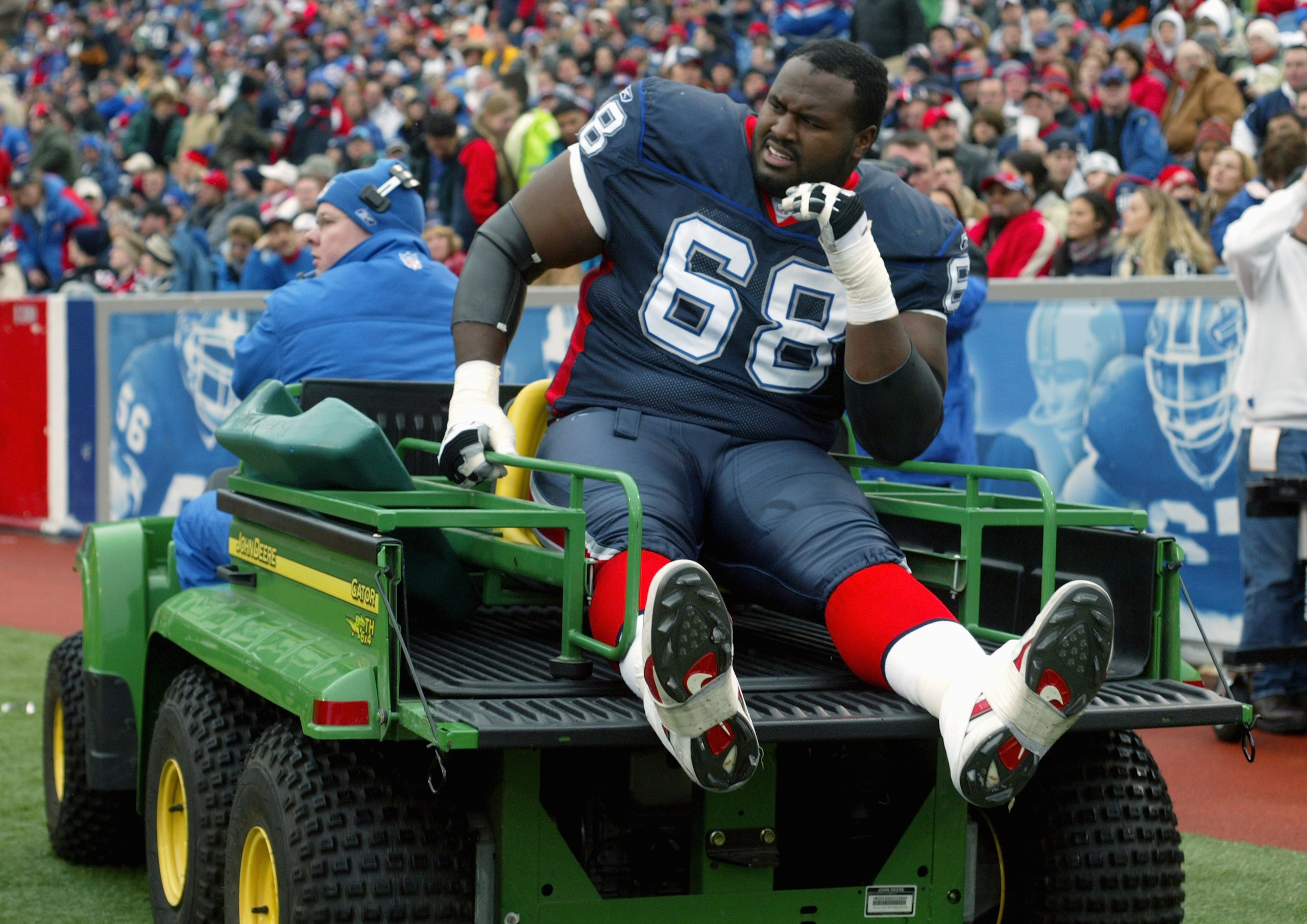 ORCHARD PARK, NY - NOVEMBER 27:  Mike Williams #68 of the Buffalo Bills exits the field injured on the trainer's cart during the NFL game with the Carolina Panthers on November 27, 2005 at Ralph Wilson Stadium in Orchard Park, New York. The Panthers won 9