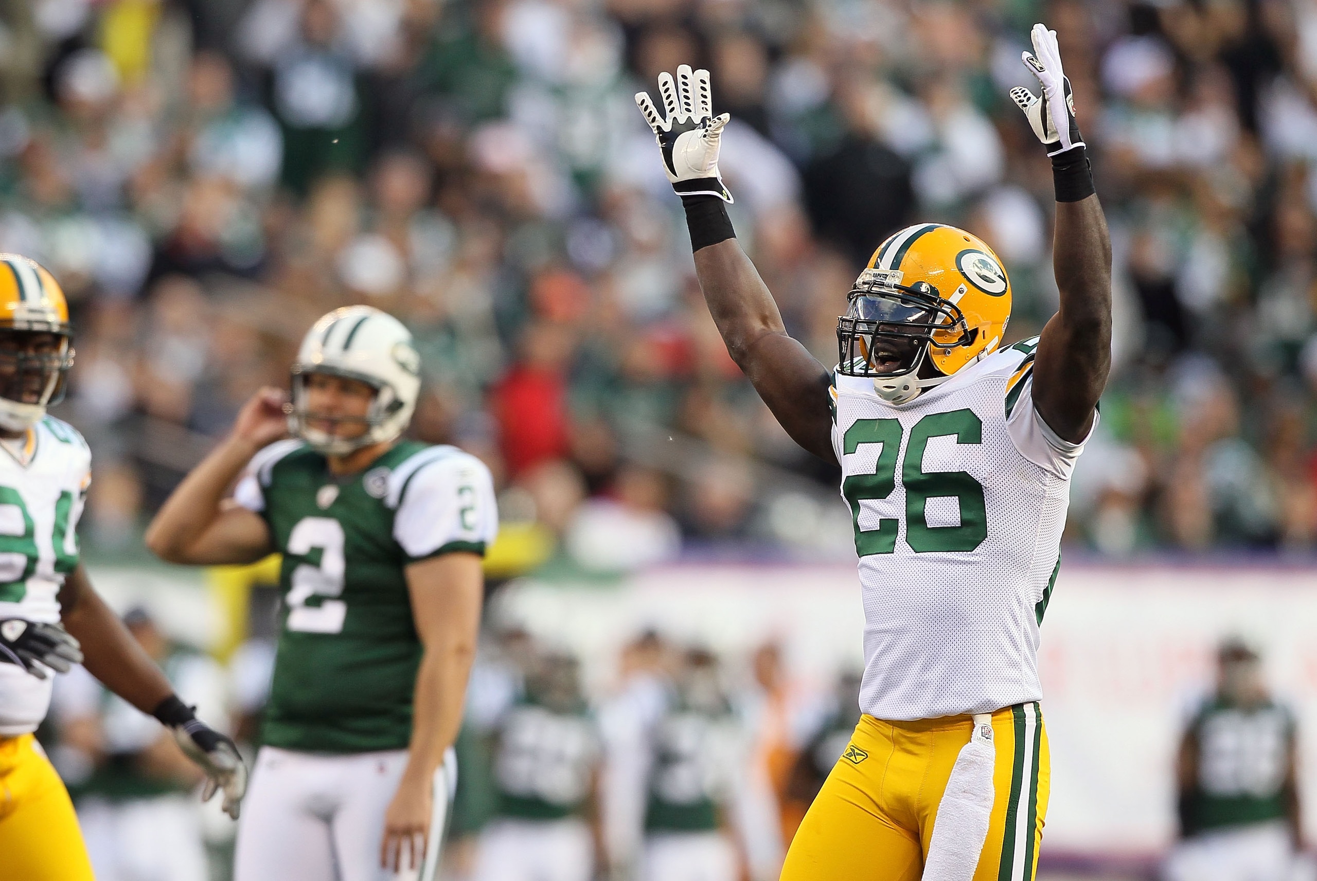 EAST RUTHERFORD, NJ - OCTOBER 31: Charlie Peprah #26 of the Green Bay Packers celebrates after Nick Folk #2 of the New York Jets missed a potential game tying field goal in the third quarter on October 31, 2010 at the New Meadowlands Stadium in East Ruthe
