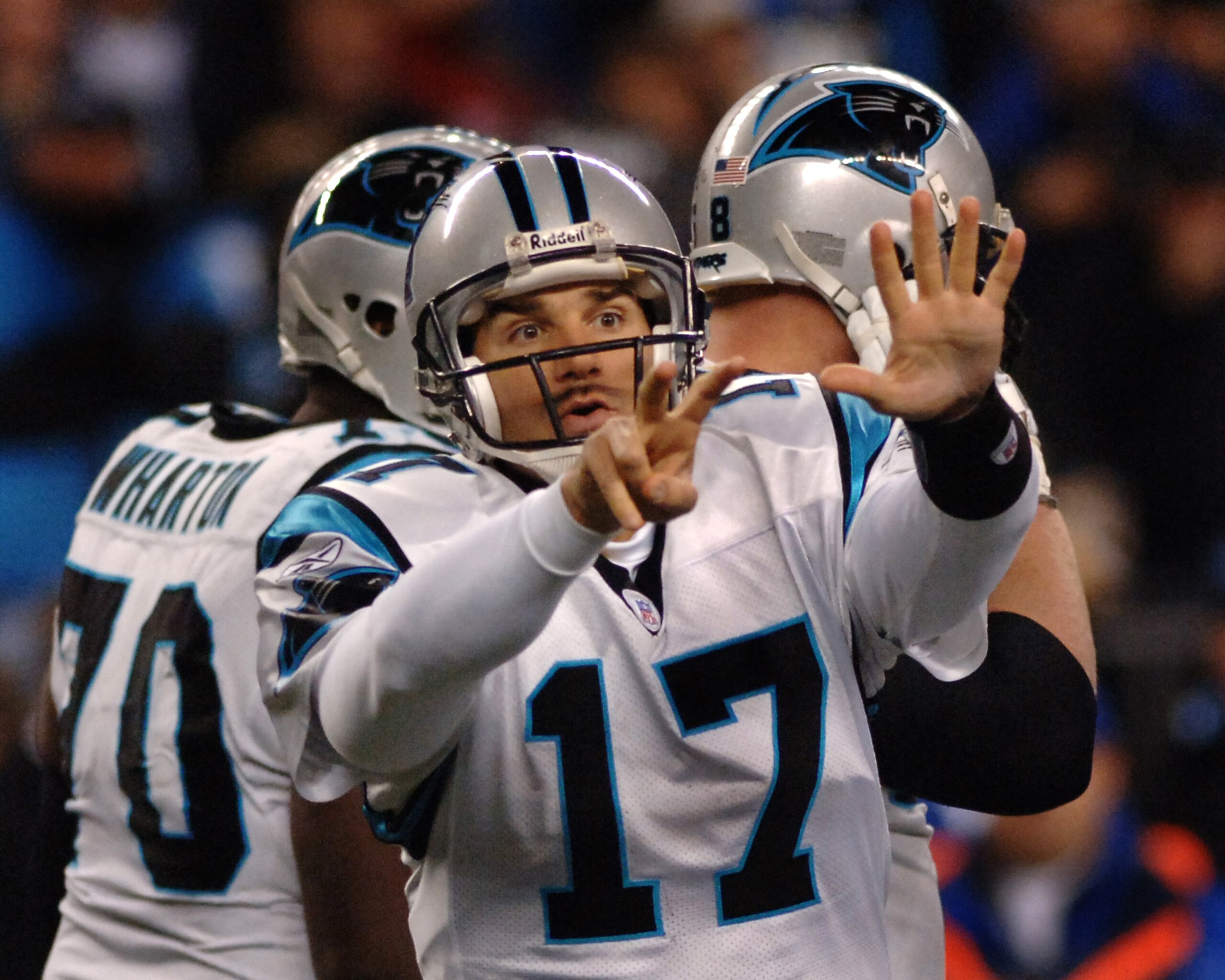 Carolina Panthers quarterback Jake Delhomme calls a play during the NFC Championship game January 22, 2006 in Seattle.  (Photo by Al Messerschmidt/Getty Images)