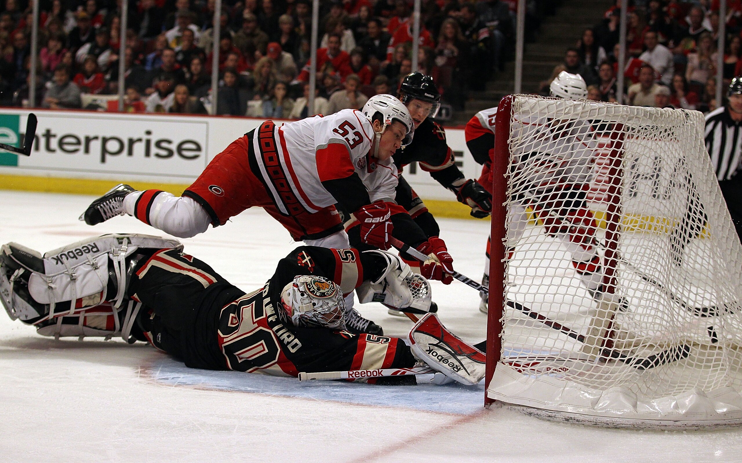 CHICAGO, IL - MARCH 04: Jeff Skinner #53 of the Carolina Hurricanes scores a goal in the 3rd period over Corey Crawford #50 of the Chicago Blackhawks at the United Center on March 4, 2011 in Chicago, Illinois. The Blackhawks defeated the Hurricanes 5-2. (