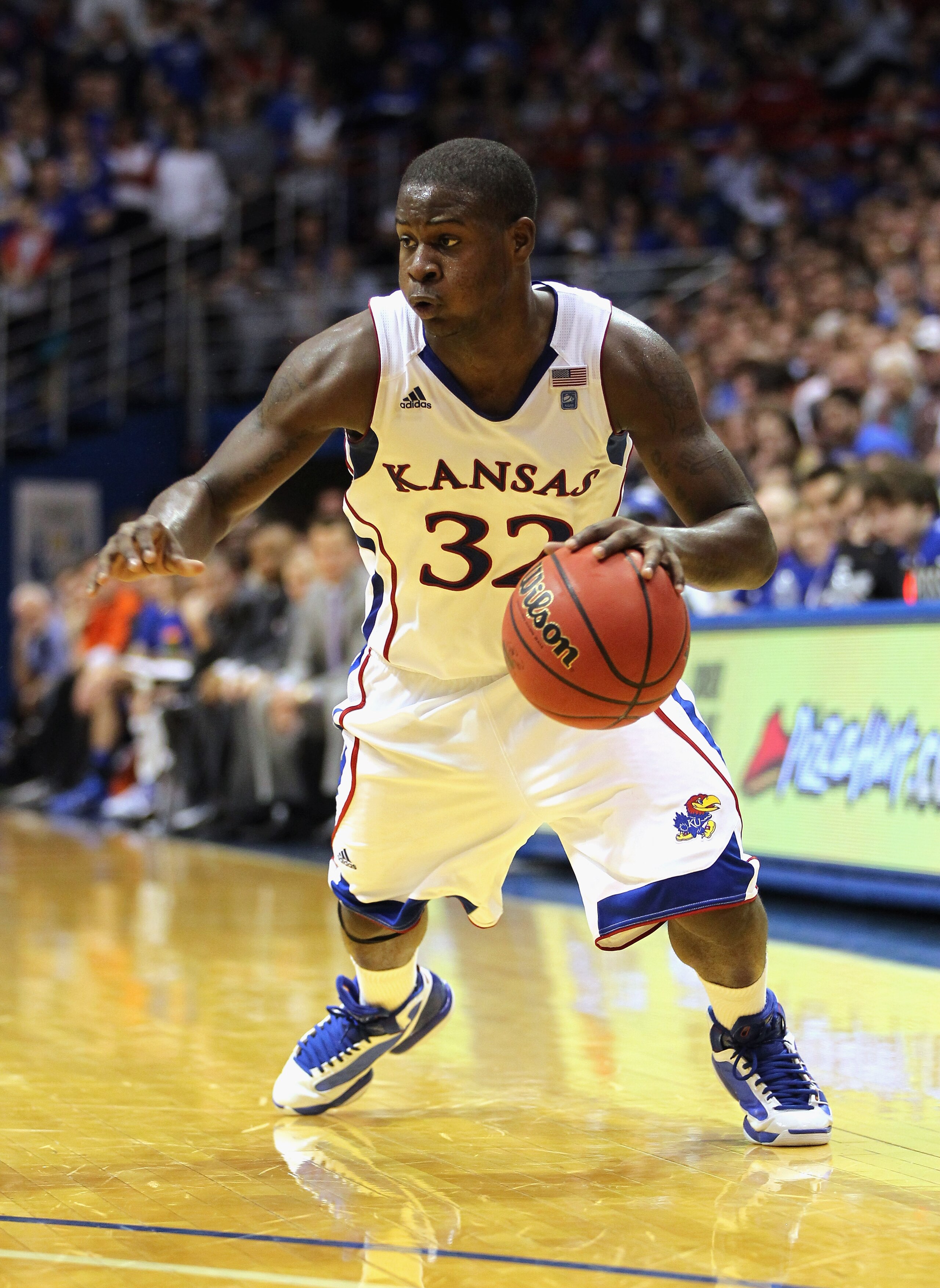 LAWRENCE, KS - DECEMBER 29:  Josh Selby #32 of the Kansas Jayhawks in action during the game against the University of Texas Arlington Mavericks on December 29, 2010 at Allen Fieldhouse in Lawrence, Kansas.  (Photo by Jamie Squire/Getty Images)