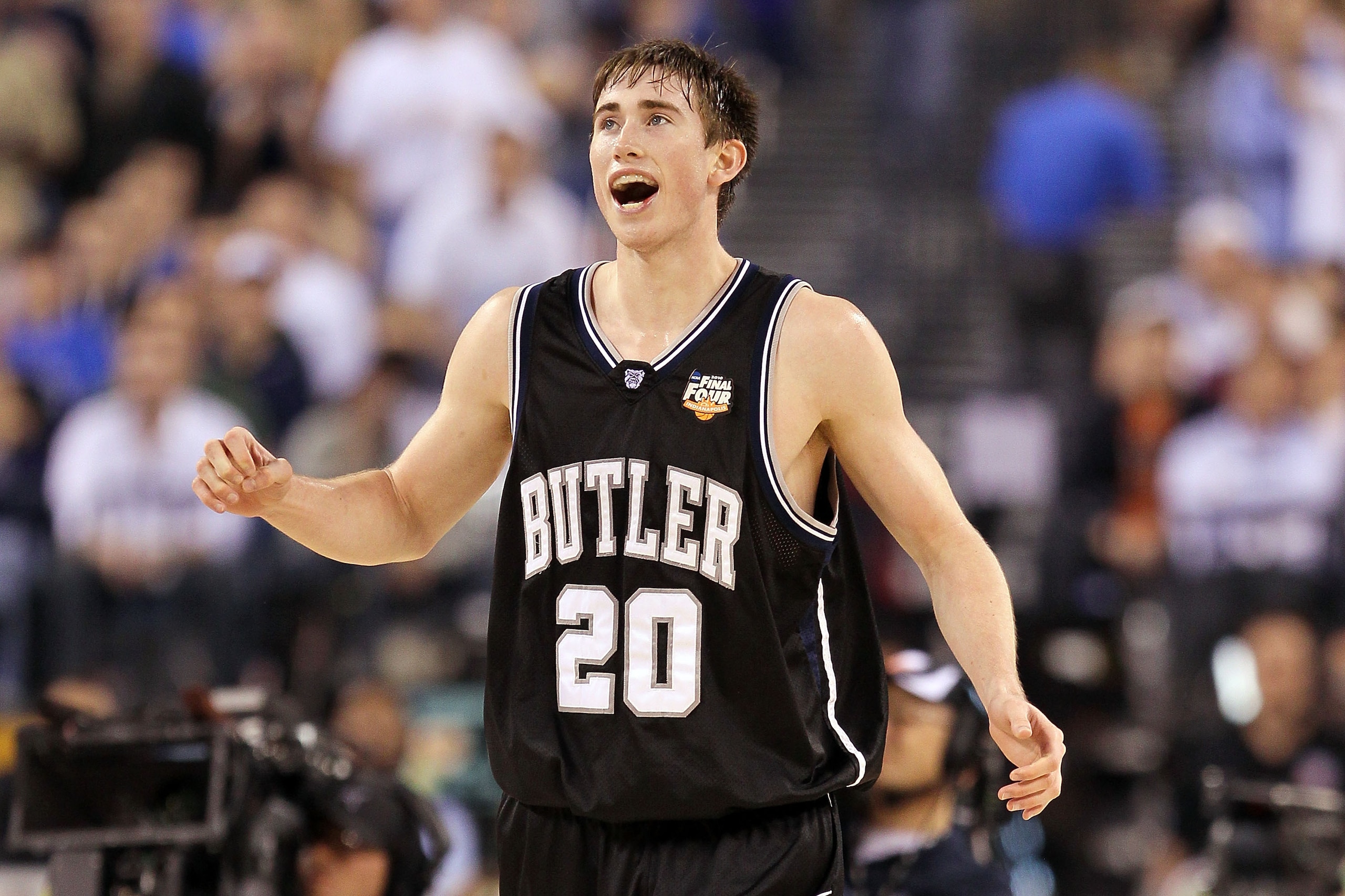 INDIANAPOLIS - APRIL 03:  Gordon Hayward #20 of the Butler Bulldogs reacts in the second half while taking on the Michigan State Spartans during the National Semifinal game of the 2010 NCAA Division I Men's Basketball Championship on April 3, 2010 in Indi
