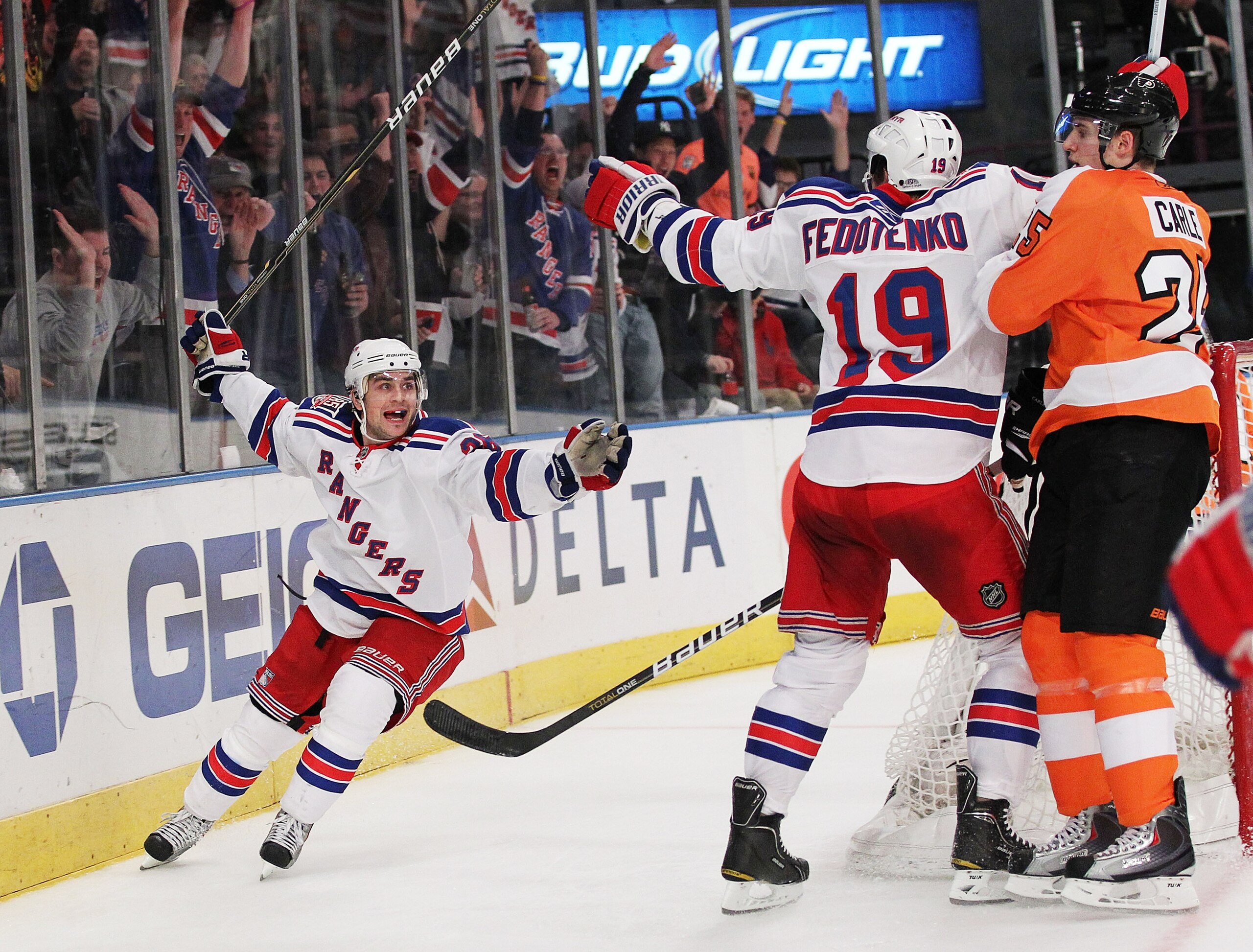 NEW YORK - MARCH 06:  Mats Zuccarello #36 of the New York Rangers celebrates a goal against the Philadelphia Flyers during their game on March 6, 2011 at Madison Square Garden in New York City, New York.  (Photo by Al Bello/Getty Images)