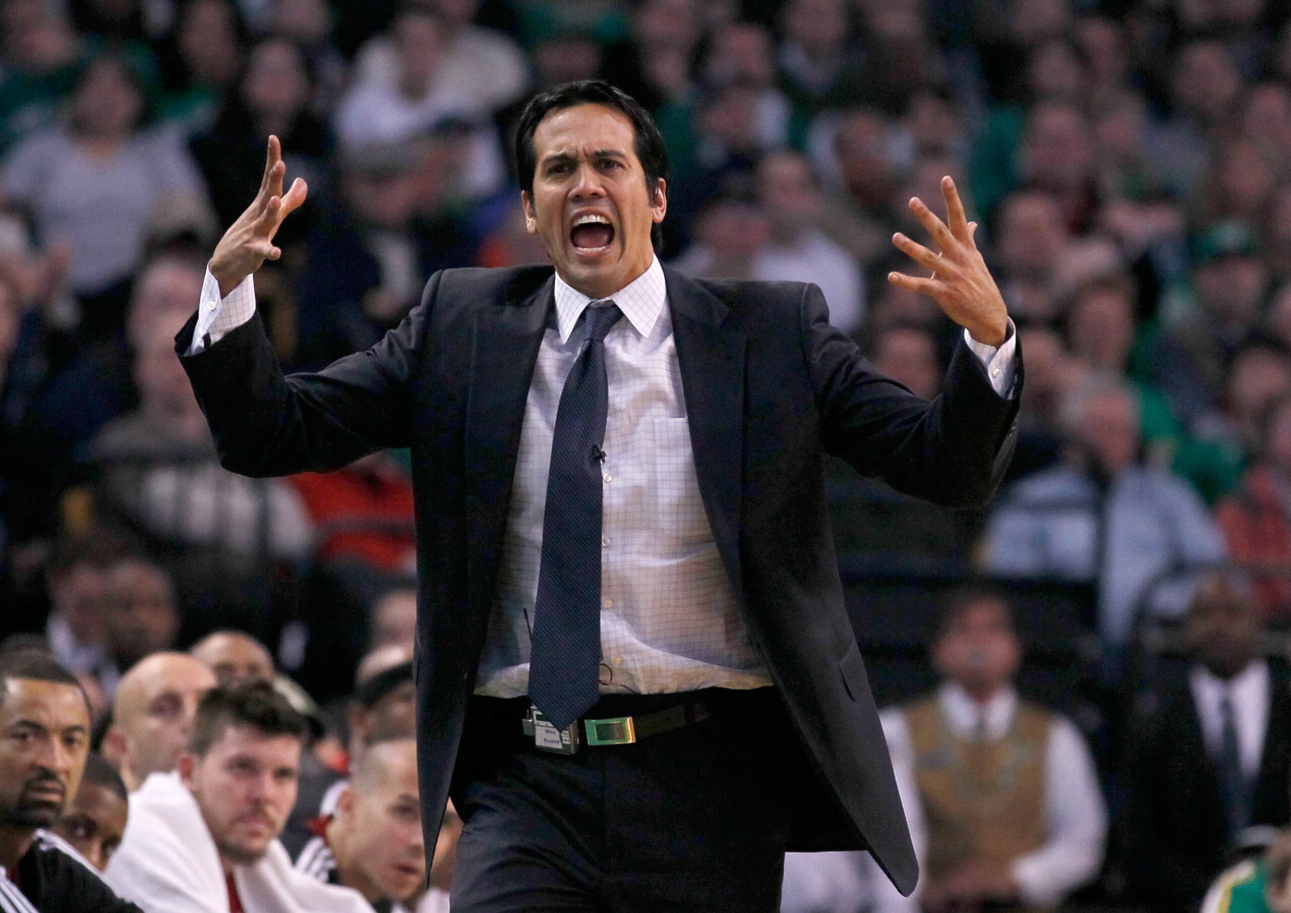 BOSTON - FEBRUARY 13:  Coach Erik Spoelstra of the Miami Heat reacts when an official failed to call a foul against the Boston Celtics at TD Garden on February 13, 2011 in Boston, Massachusetts. The Celtics won 85-82. NOTE TO USER: User expressly acknowle