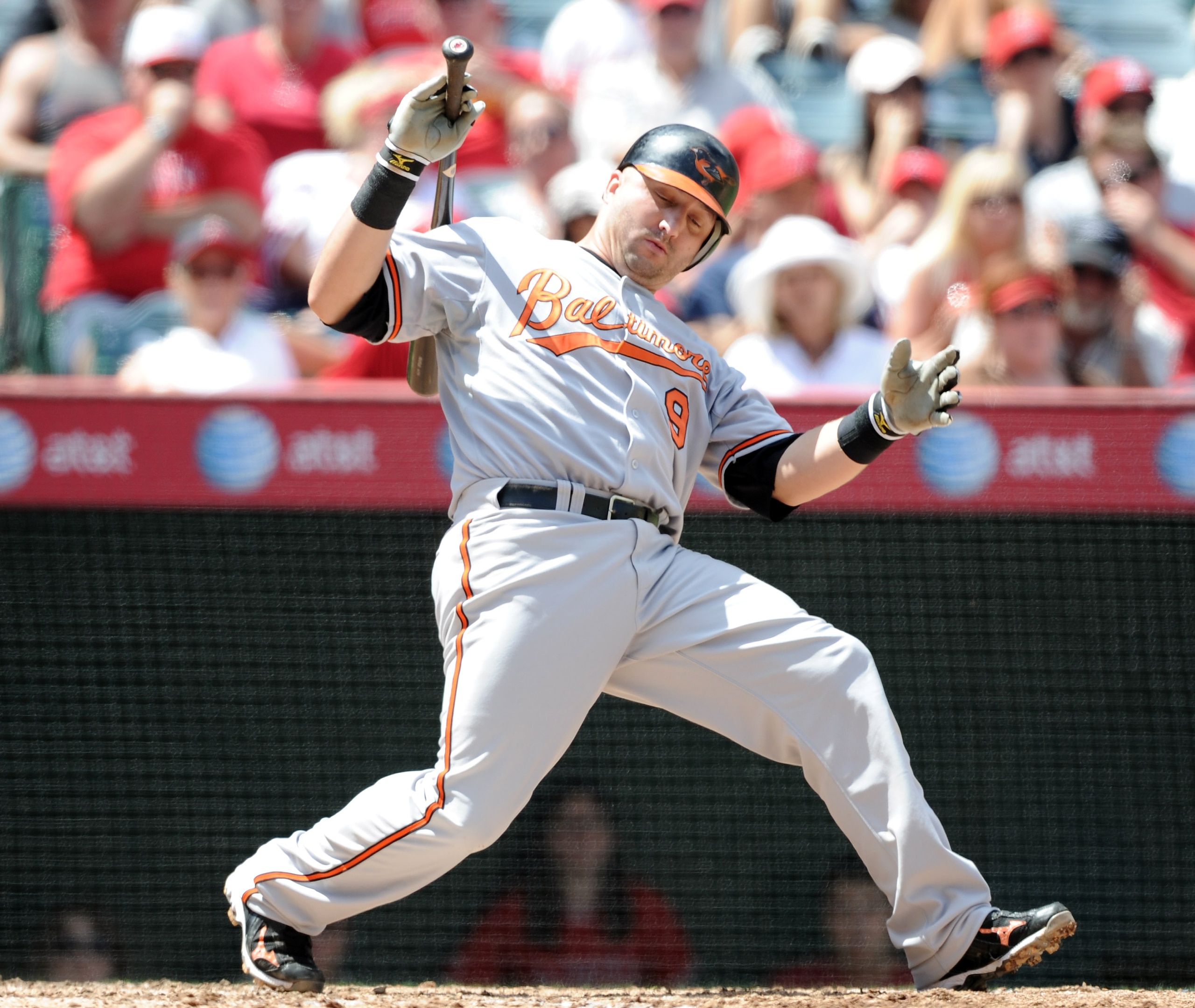 ANAHEIM, CA - AUGUST 29:  Jake Fox #9 of the Baltimore Orioles reacts to a close pitch from Jered Weaver #36 of the Los Angeles Angels of Anaheim during the sixth inning at Angel Stadium on August 29, 2010 in Anaheim, California.  (Photo by Harry How/Gett
