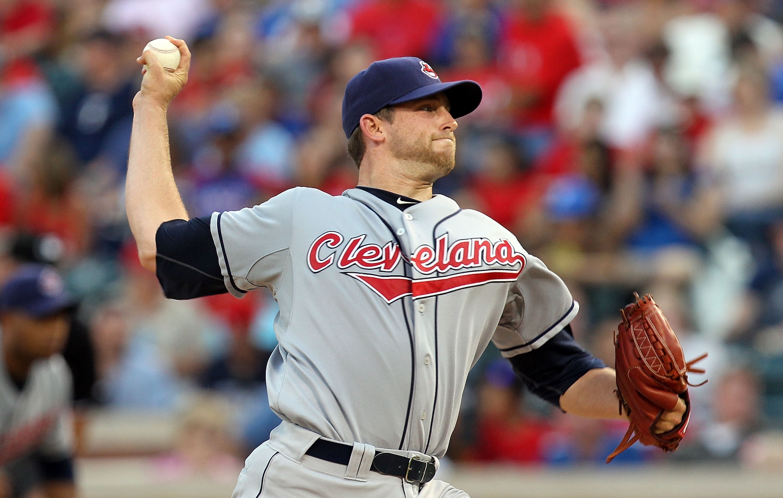 ARLINGTON, TX - JULY 07:  Pitcher Mitch Talbot #51 of the Cleveland Indians throws against the Texas Rangers on July 7, 2010 at Rangers Ballpark in Arlington, Texas.  (Photo by Ronald Martinez/Getty Images)