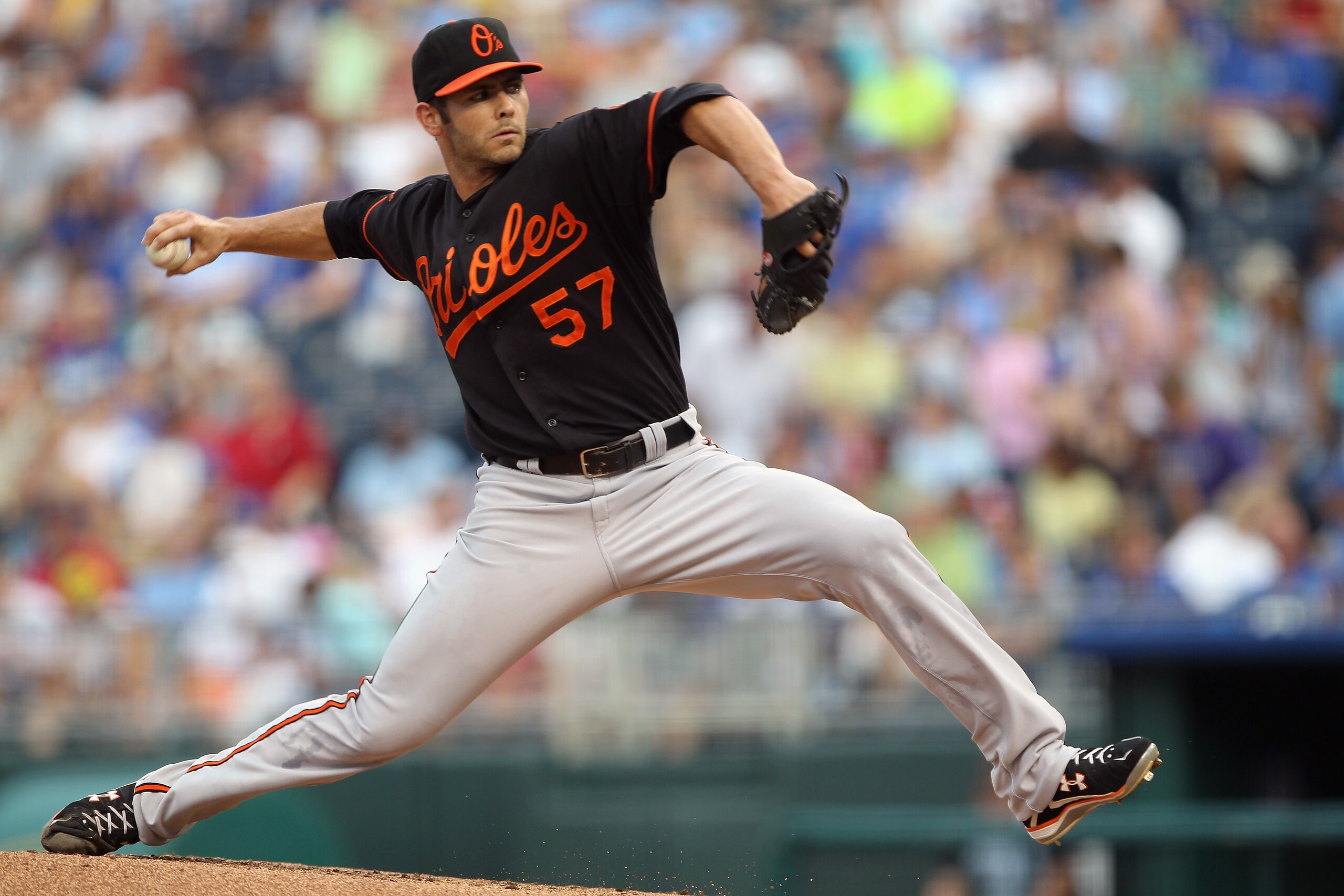 KANSAS CITY, MO - JULY 30:  Starting pitcher Jake Arrieta #57 of the Baltimore Orioles pitches during the 1st inning of the game against the Kansas City Royals on July 30, 2010 at Kauffman Stadium in Kansas City, Missouri.  (Photo by Jamie Squire/Getty Im
