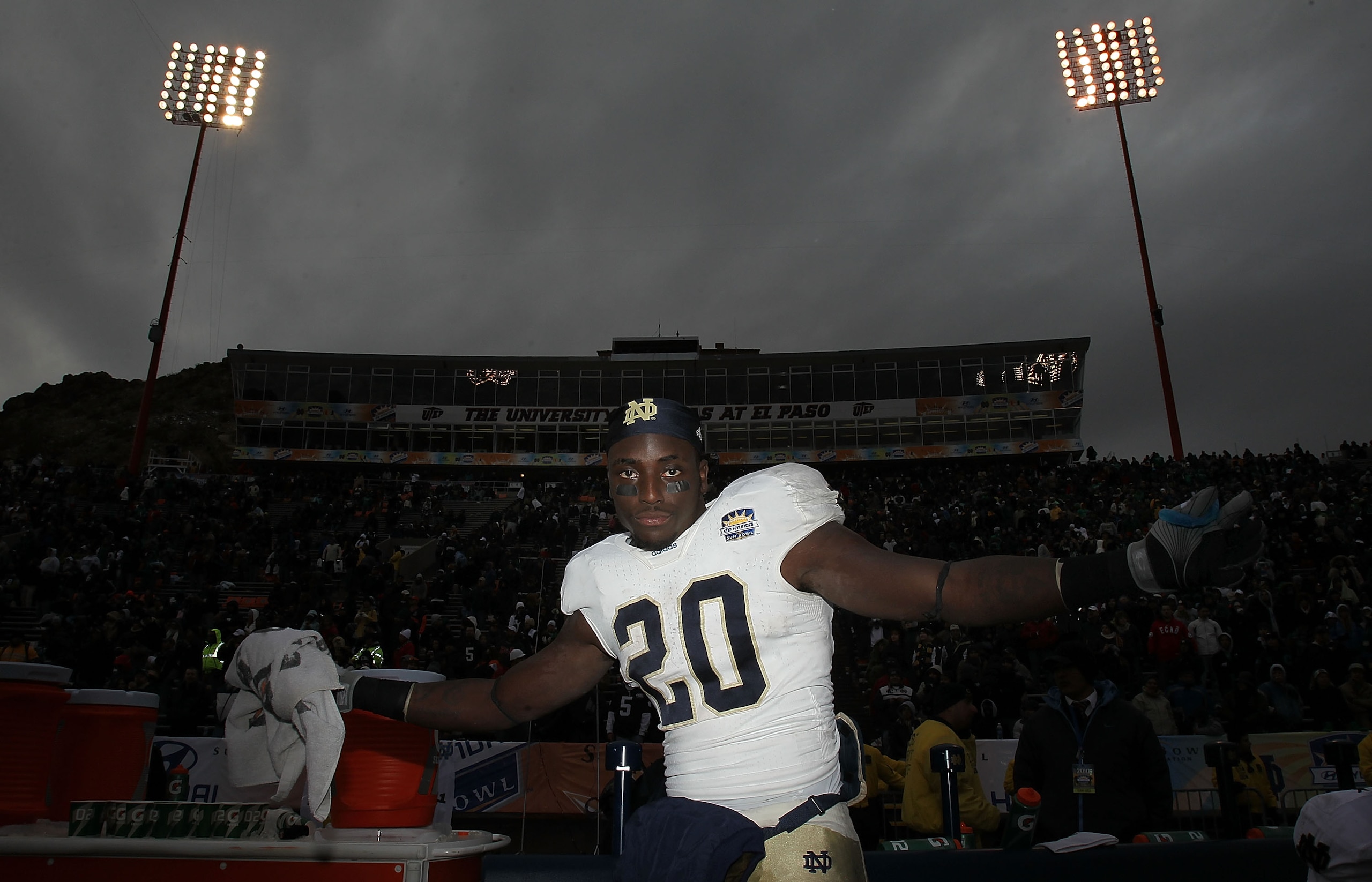 EL PASO, TX - DECEMBER 30: Running back Cierre Wood #20 of the Notre Dame Fighting Irish celebrates a 33-17 win against the Miami Hurricanes at Sun Bowl on December 30, 2010 in El Paso, Texas. (Photo by Ronald Martinez/Getty Images) EL PASO, TX - DECEMBER 30: Running back Cierre Wood #20 of the Notre Dame Fighting Irish celebrates a 33-17 win against the Miami Hurricanes at Sun Bowl on December 30, 2010 in El Paso, Texas. (Photo by Ronald Martinez/Getty Images)