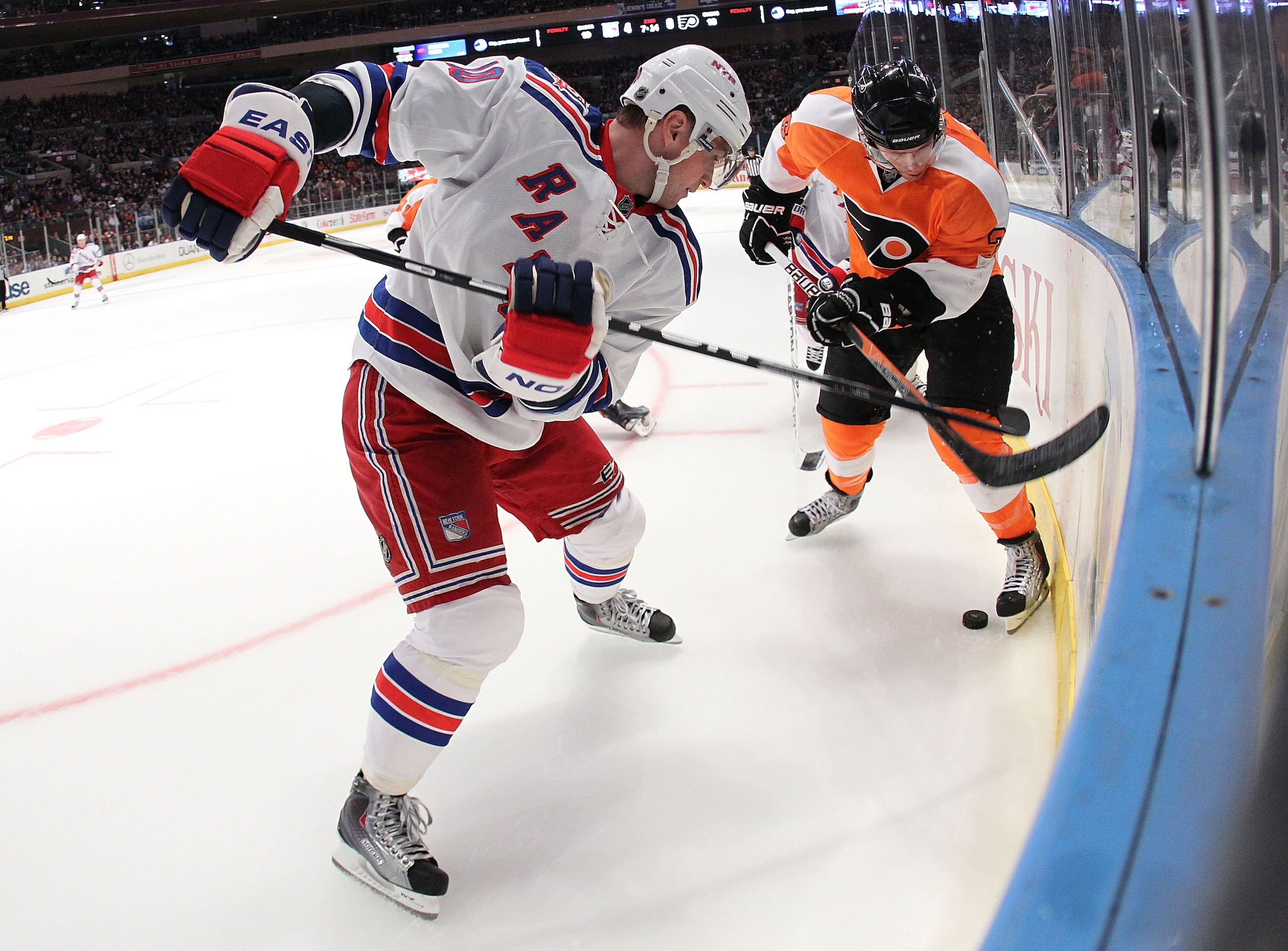 NEW YORK - MARCH 06:  Marian Gaborik #10 of the New York Rangers battles with Darroll Powe #36 of the Philadelphia Flyers during their game on March 6, 2011 at Madison Square Garden in New York City, New York.  (Photo by Al Bello/Getty Images)