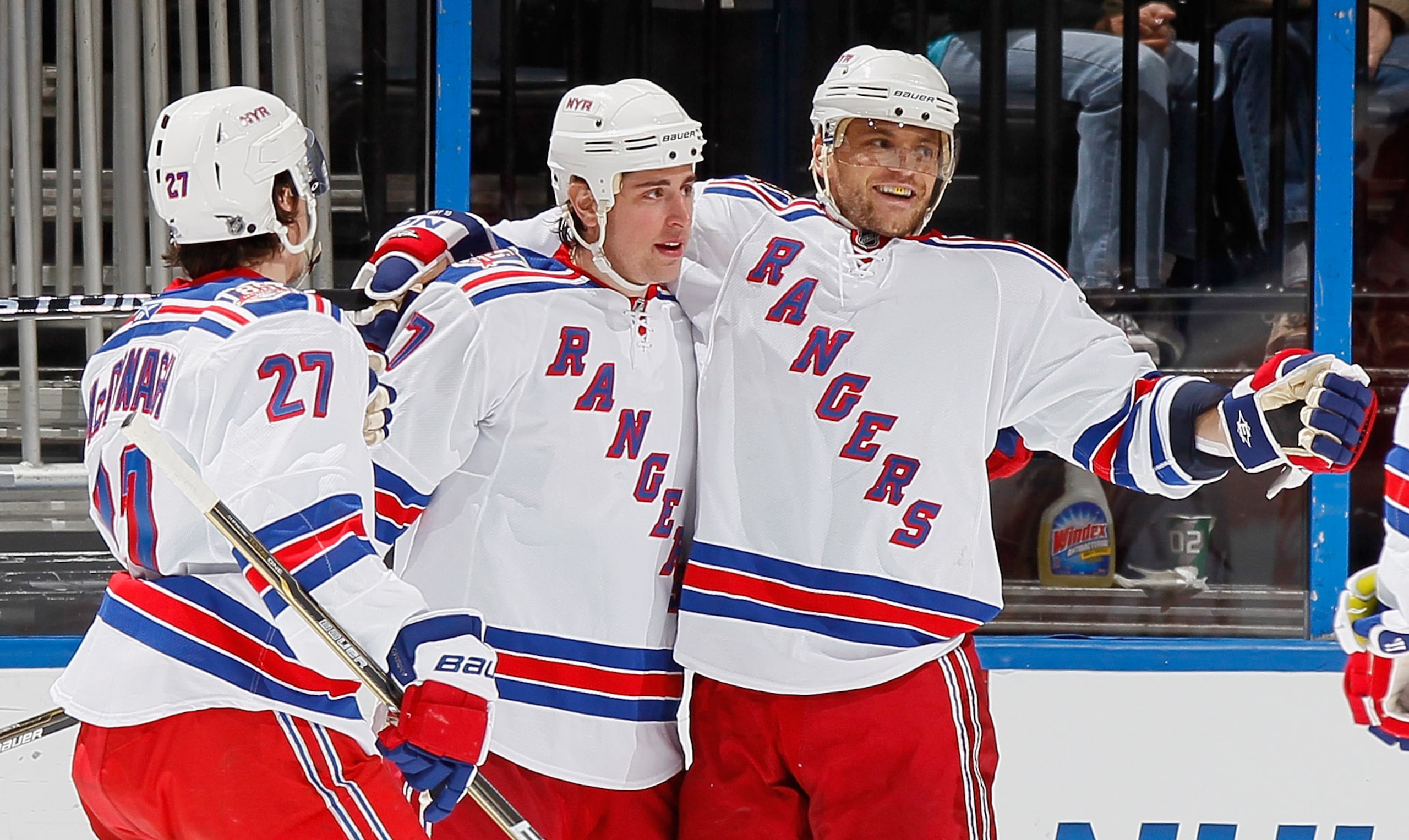 ATLANTA, GA - FEBRUARY 11:  Brandon Dubinsky #17 of the New York Rangers celebrates his goal against the Atlanta Thrashers with Ryan McDonagh #27 and Marian Gaborik #10 at Philips Arena on February 11, 2011 in Atlanta, Georgia.  (Photo by Kevin C. Cox/Get