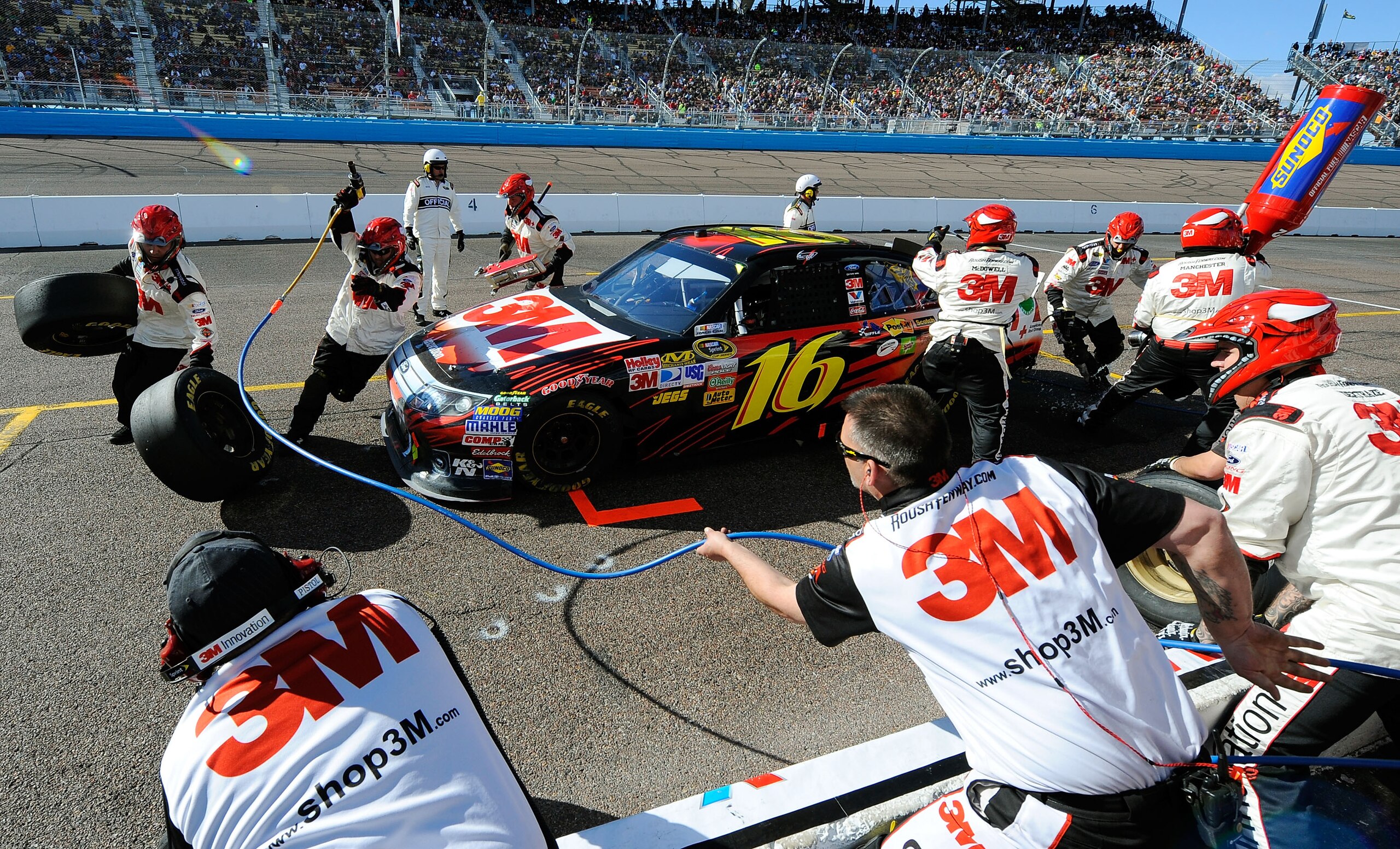 AVONDALE, AZ - FEBRUARY 27:  Greg Biffle, driver of the #16 3M Ford, makes a pit stop during the NASCAR Sprint Cup Series Subway Fresh Fit 500 at Phoenix International Raceway on February 27, 2011 in Avondale, Arizona.  (Photo by Jared C. Tilton/Getty Ima