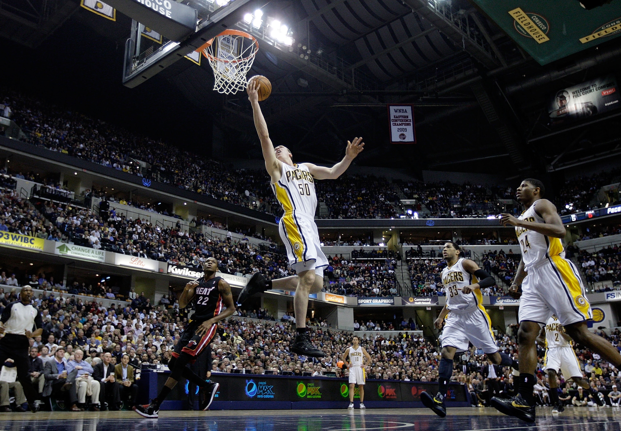 INDIANAPOLIS - FEBRUARY 15:  Tyler Hansbrough #50 of the Indiana Pacers shoots the ball during the NBA game against the  Miami Heat at Conseco Fieldhouse on February 15, 2011 in Indianapolis, Indiana.   NOTE TO USER: User expressly acknowledges and agrees
