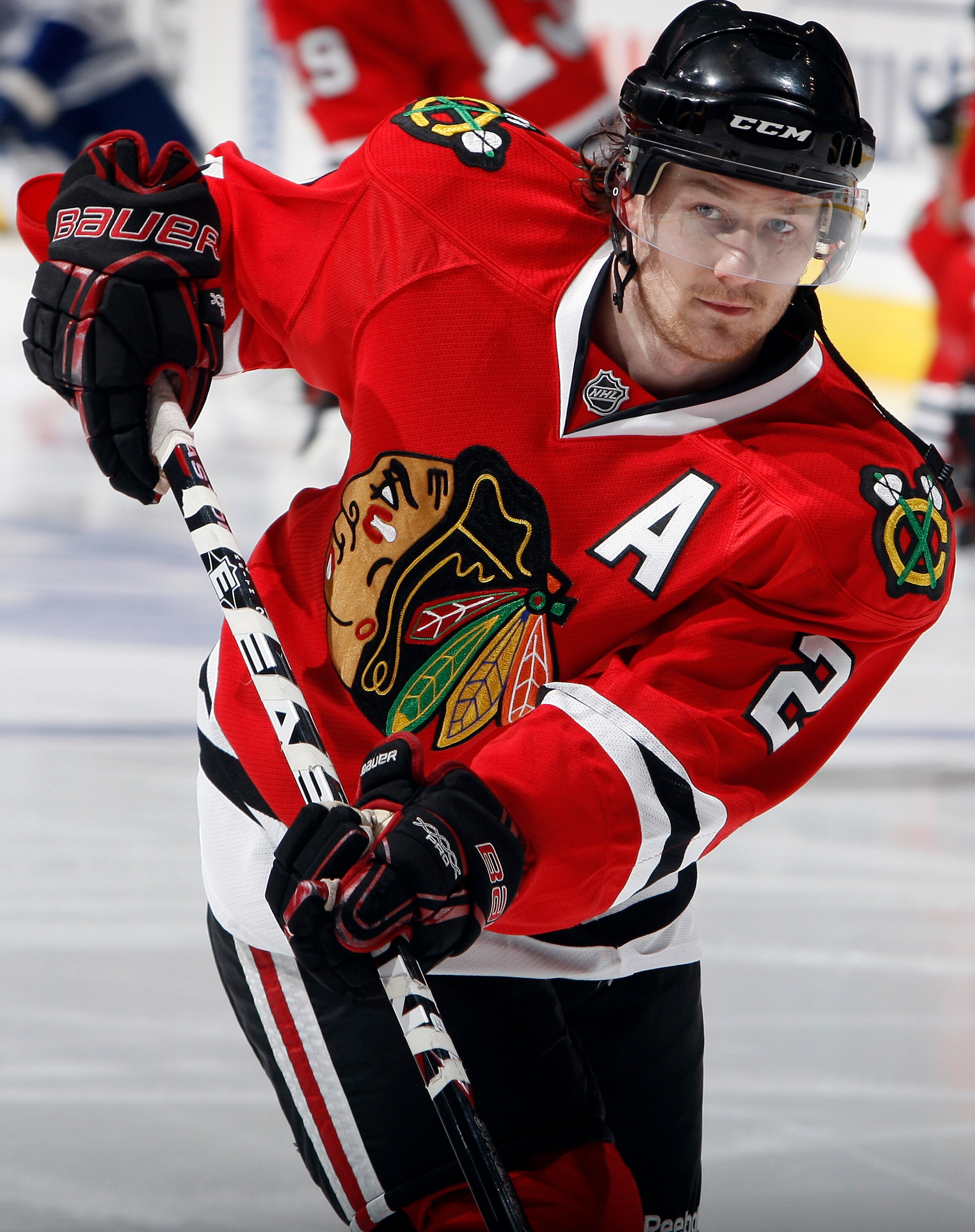 TORONTO, CANADA - MARCH 5: Duncan Keith #2 of the Chicago Blackhawks shoots during warm-up before game action at the Air Canada Centre against the Toronto Maple Leafs March 5, 2011 in Toronto, Ontario, Canada. (Photo by Abelimages/Getty Images)