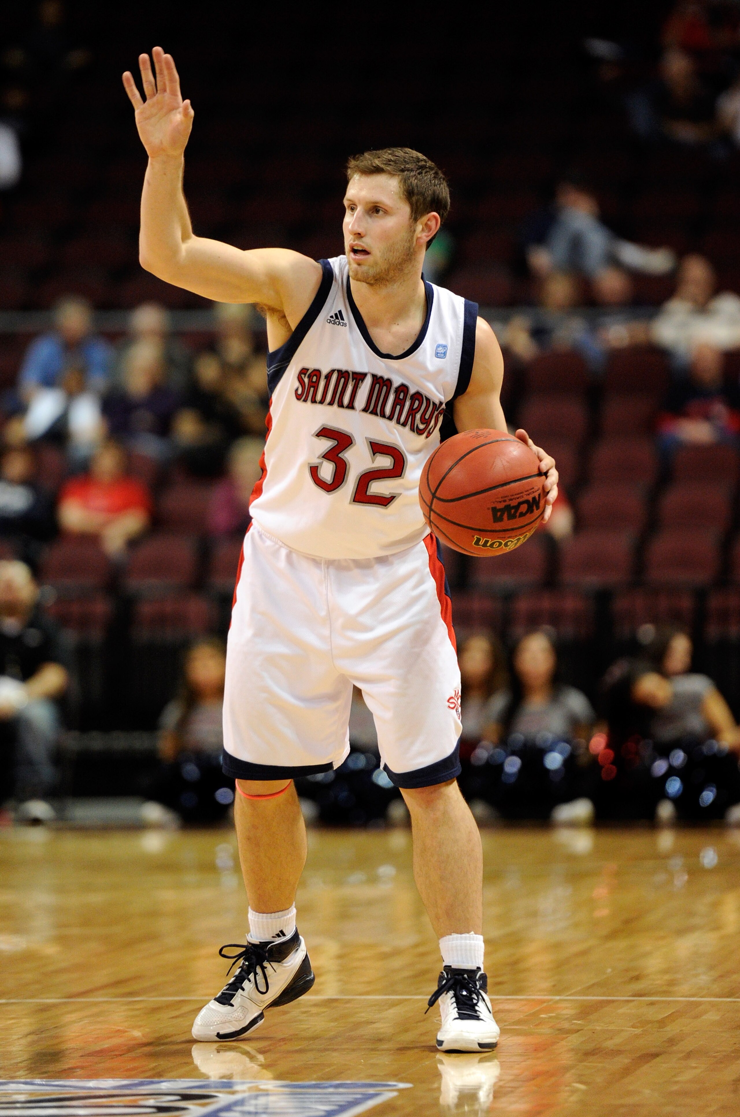 LAS VEGAS, NV - MARCH 06:  Mickey McConnell #32 of the Saint Mary's Gaels sets up a play against the Santa Clara Broncos during a semifinal game of the Zappos.com West Coast Conference Basketball tournament at the Orleans Arena March 6, 2011 in Las Vegas,