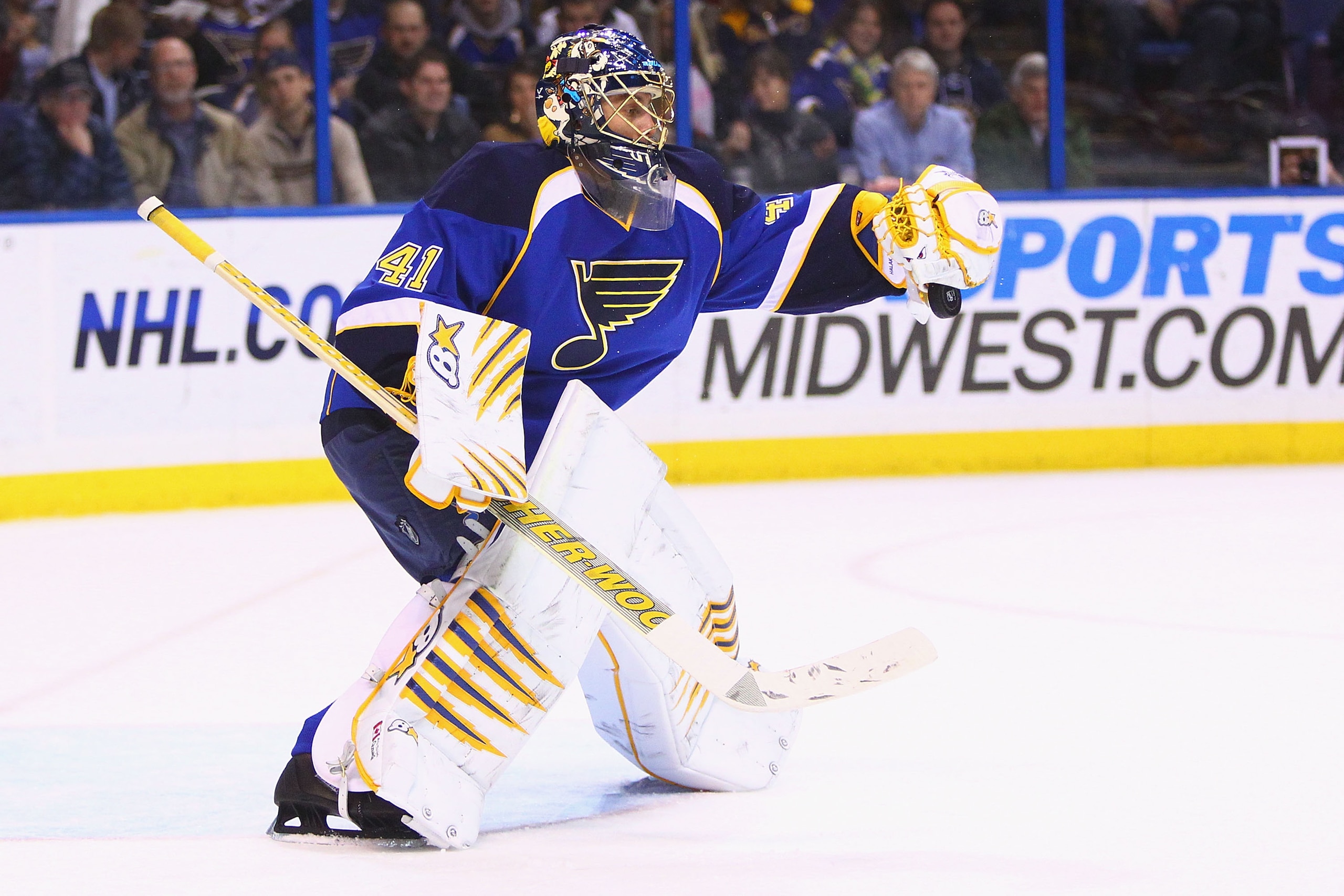 ST. LOUIS, MO - FEBRUARY 11: Jaroslav Halak #41 of the St. Louis Blues makes a save against the Minnesota Wild at the Scottrade Center on February 11, 2011 in St. Louis, Missouri.  (Photo by Dilip Vishwanat/Getty Images)