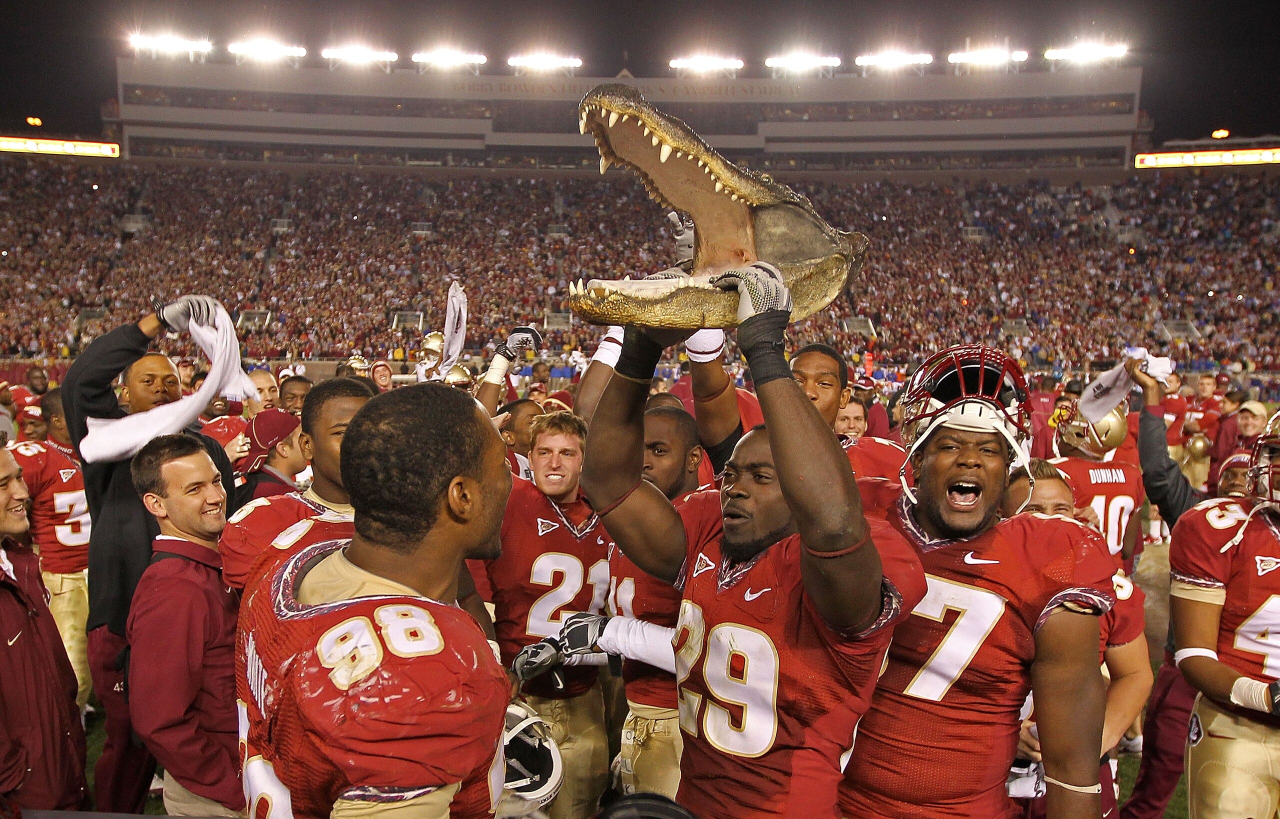 TALLAHASSEE, FL - NOVEMBER 27: Chris Finn #29 of the Florida State Seminoles hold up a gator head to celebrate a win against the Florida Gators at Doak Campbell Stadium on November 27, 2010 in Tallahassee, Florida. (Photo by Mike Ehrmann/Getty Images) TALLAHASSEE, FL - NOVEMBER 27: Chris Finn #29 of the Florida State Seminoles hold up a gator head to celebrate a win against the Florida Gators at Doak Campbell Stadium on November 27, 2010 in Tallahassee, Florida. (Photo by Mike Ehrmann/Getty Images)
