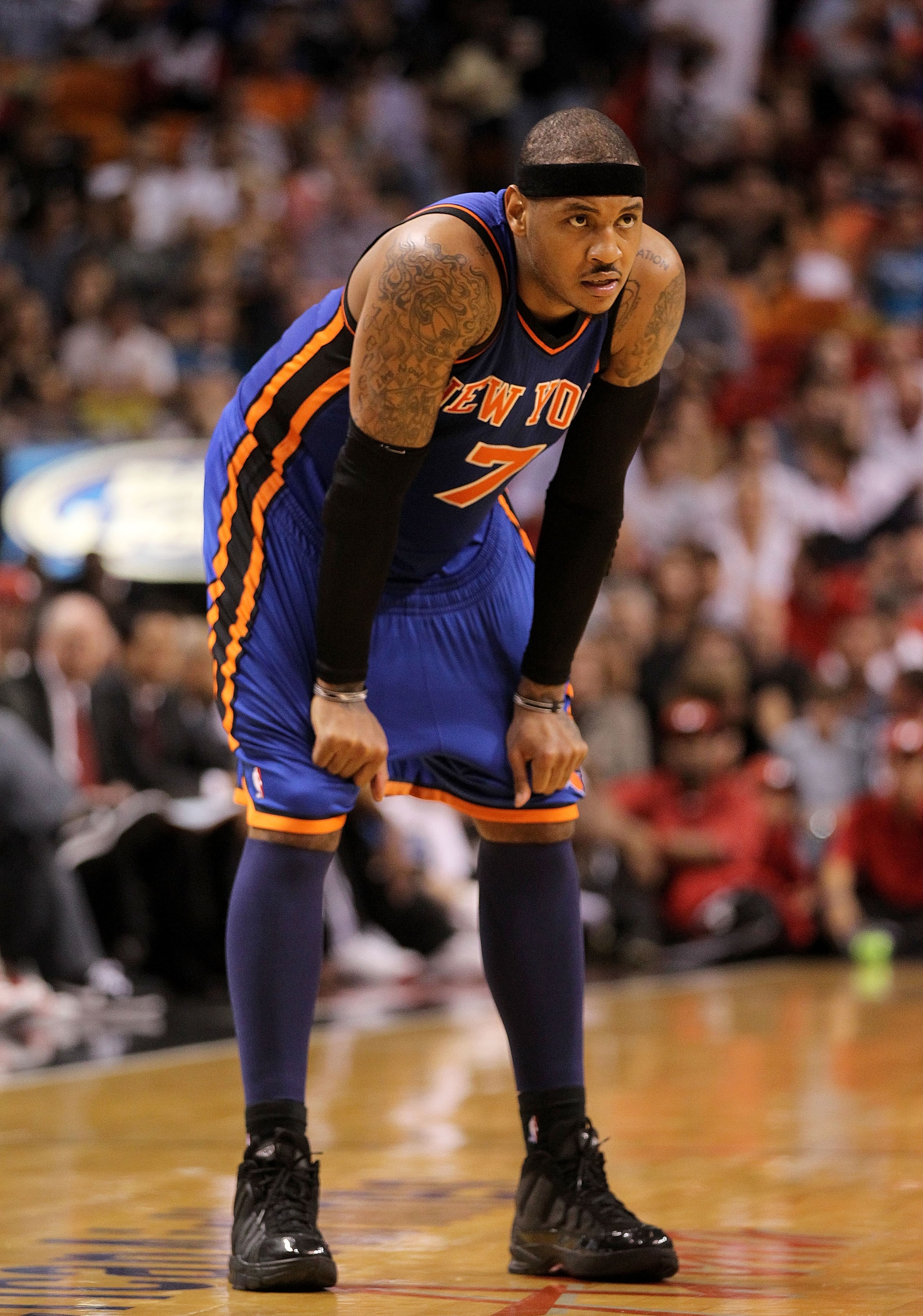 MIAMI, FL - FEBRUARY 27:  Carmelo Anthony #7 of the New York Knicks looks on during a foul shot during a game gainst the Miami Heat at American Airlines Arena on February 27, 2011 in Miami, Florida. NOTE TO USER: User expressly acknowledges and agrees tha