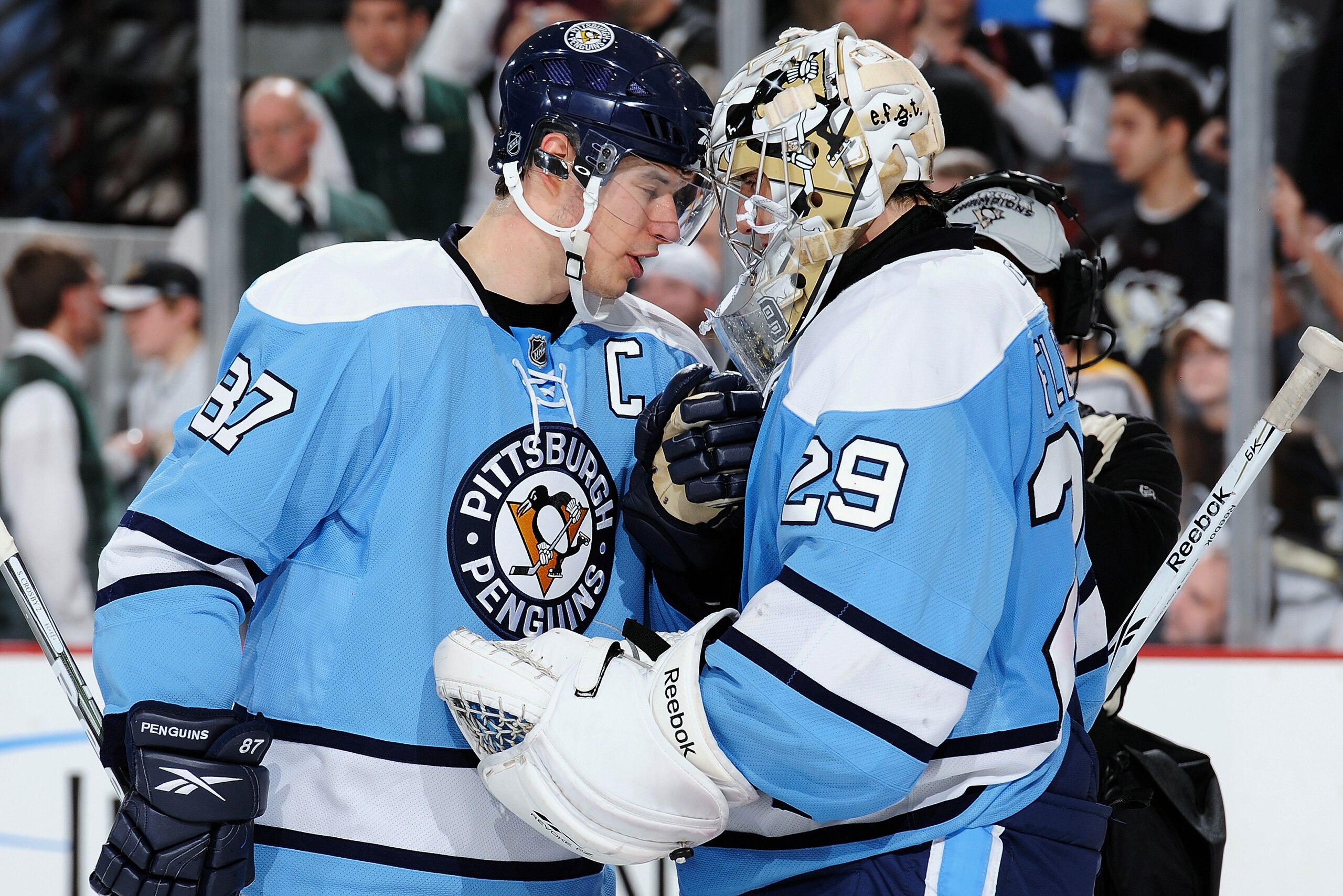 PITTSBURGH - MARCH 6:  Forward Sidney Crosby #87 of the Pittsburgh Penguins congratulates goaltender Marc-Andre Fleury #29 of the Penguins after Fleury made 27 saves against the Dallas Stars in a 6-3 win on March 6, 2010 at Mellon Arena in Pittsburgh, Pen