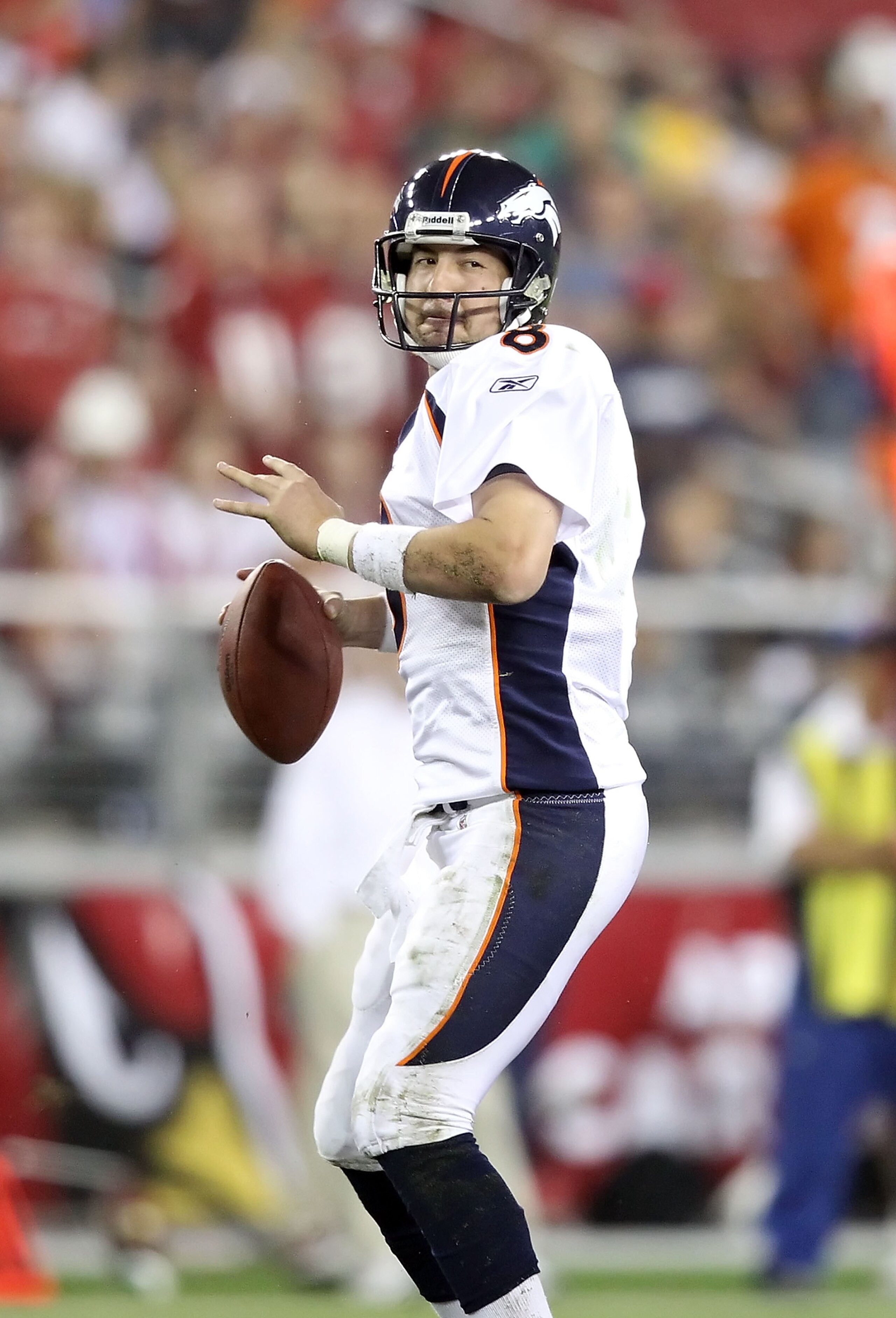 GLENDALE, AZ - DECEMBER 12: Quarterback Kyle Orton #8 of the Denver Broncos drops back to pass during the NFL game against the Arizona Cardinals at the University of Phoenix Stadium on December 12, 2010 in Glendale, Arizona. The Cardinals defeated the B GLENDALE, AZ - DECEMBER 12: Quarterback Kyle Orton #8 of the Denver Broncos drops back to pass during the NFL game against the Arizona Cardinals at the University of Phoenix Stadium on December 12, 2010 in Glendale, Arizona. The Cardinals defeated the B